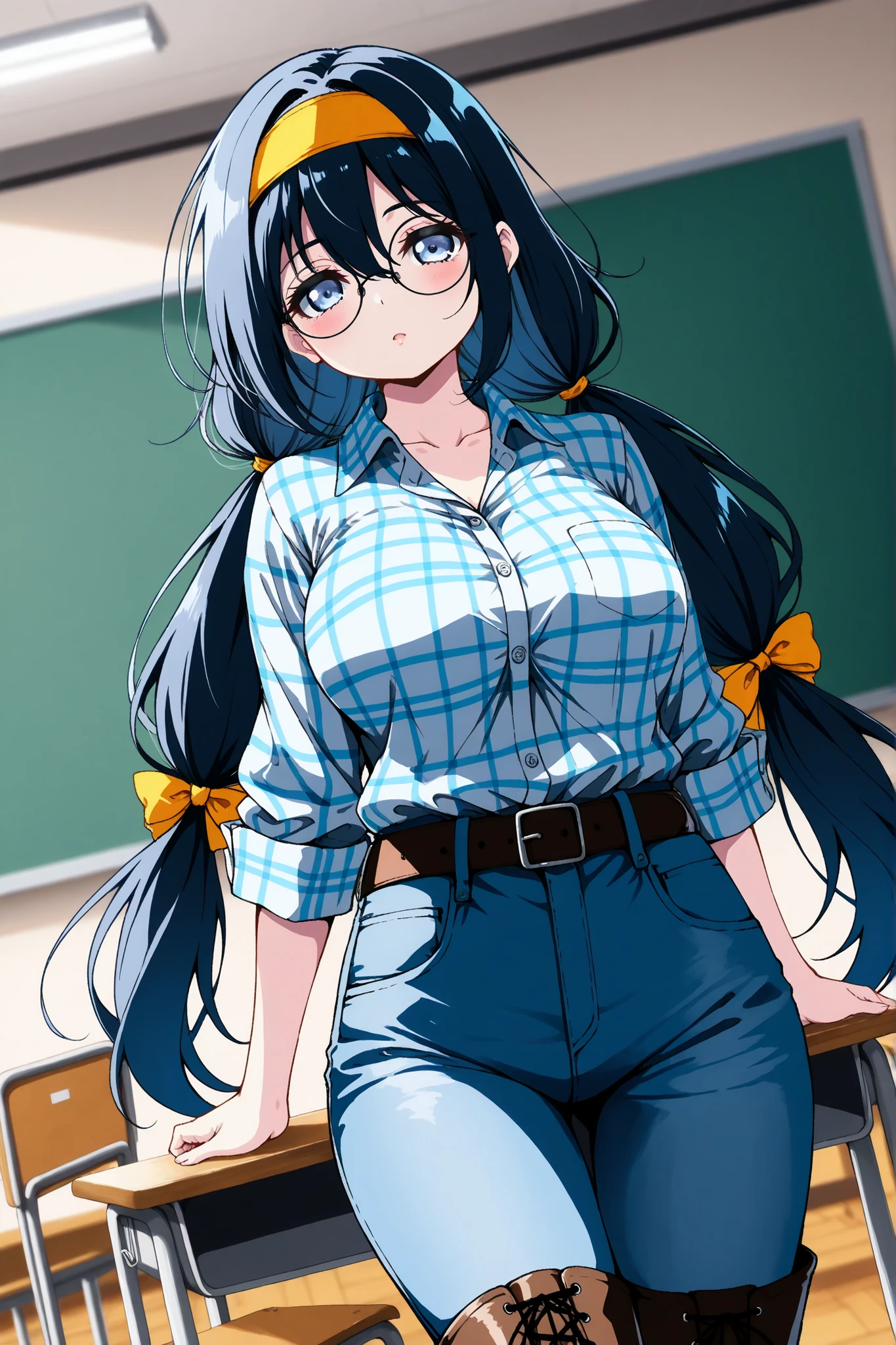 reia_kosu,1 female,solo,
black hair,low twin tail,blue hair,long hair,half up,hair between the eyes,blue eyes,big eyes,slant eyes,long eyelashes,sleepy eyes,
contempt,blurred background,

pretty,large breast,looking at viewer,
dutch angle,cowboy shot,

shirts,round glasses,belt,pants,headband,
denim,jeans,plaid shirt,
white lace-up boots,thigh_high boots,high heels,

beautiful legs,thin thighs,thin calves,
nallow waist,
perfect face,beautiful skin,
anatomically correct,

masterpiece,highest quality,
high resolution,high definition,
ultra-detailed,anime,
indoors,class room,school desk,school chair,
black board