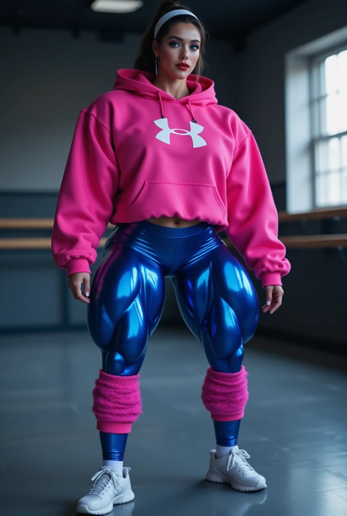 a young man having long legs, thick thighs, large hips, thin and narrow weist, big large feminine breasts, wearing blue leggings and hoodie and tshirt, very small spikey boyish haircut, man 