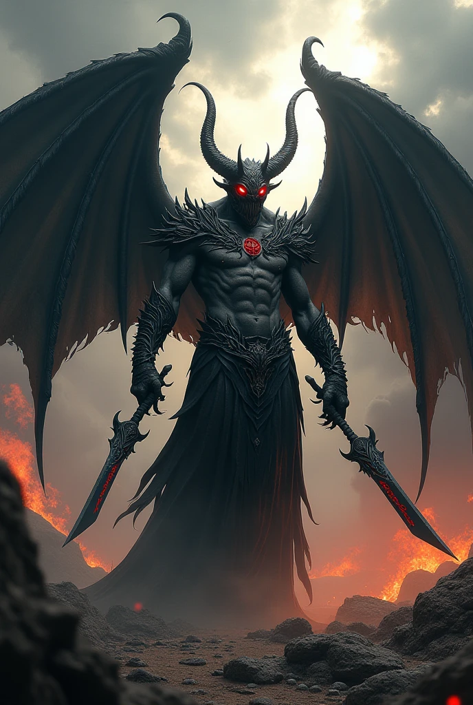 A human with dragon wings
In hand a sword with dragon head handel poses devil power
