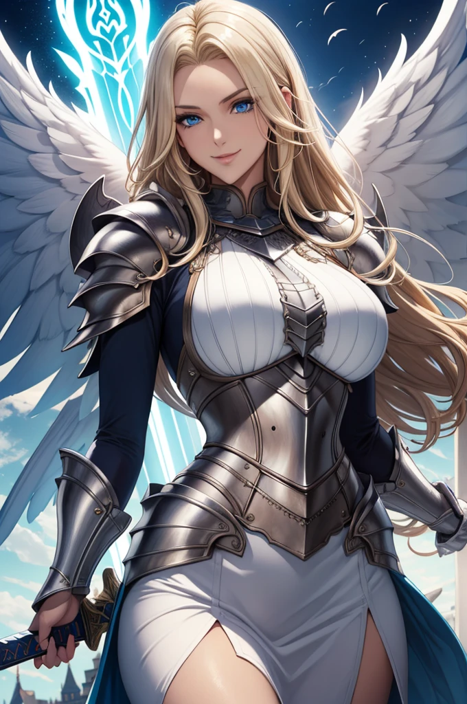 female archangel prepared for battle, an extremally beautiful warrior valkyre, ultra feminine, long hair, dark blonde hair, braided hair, wearing divine heavy armor, cleavage, big breasts, (white armor: 1.2), (angel wings: 1.2) spread, aremed with fantasy sword, sword covered with blue fire, posing for a picture, showing legs, full body, floating mid-air, sunset, 16k, RAW, ultra wide shot, photorealism, depth of field, hyper realistic, 2.5 rendering, ray tracing