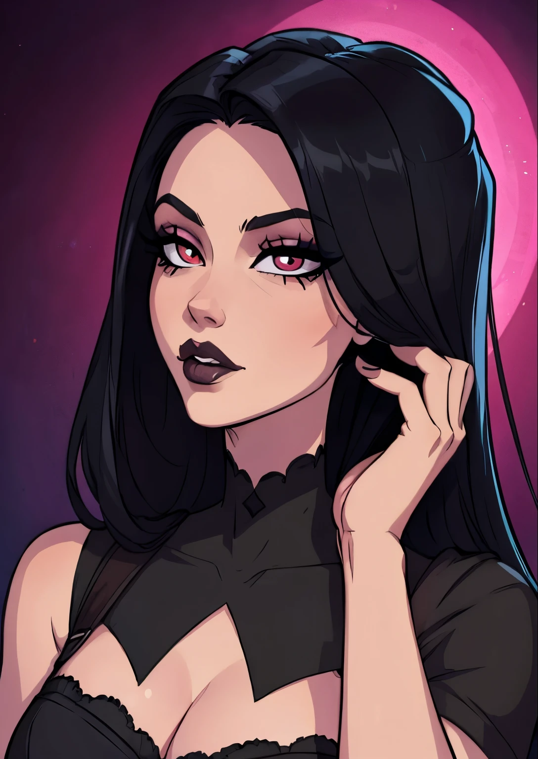 score_9, score_8_up, score_7_up, score_6_up, 1girl, 18 years old, source_cartoon, source_western, dramatic, cinematic, dramatic lighting, neon light, (red light), (blue rim light), low key, dimly lit, rating_explicit, violetparr, sexy seductive Violet Parr, focus on face, aroused, horny, lustful, red collar, red leash, holding leash, close-up, macro shot, lewd smile, raw, photo, bokeh effect, black hair, long hair, violet hairband, lewd look, playful, blush, violet eyes, bare shoulders, over the shoulder, looking at viewer, parted lips, red lipstick, petite girl, light pink tube top, covered nipples, small breasts, submissive slut, adorable girl, sweaty, (shiny skin), makeup, eyeshadow, skindentation, tekuult, 43stl1ght1ng, g0thicPXL, glowing, (volumetric lighting), light particles, (subsurface scattering), highly detailed, back alley, neon sign, smoke