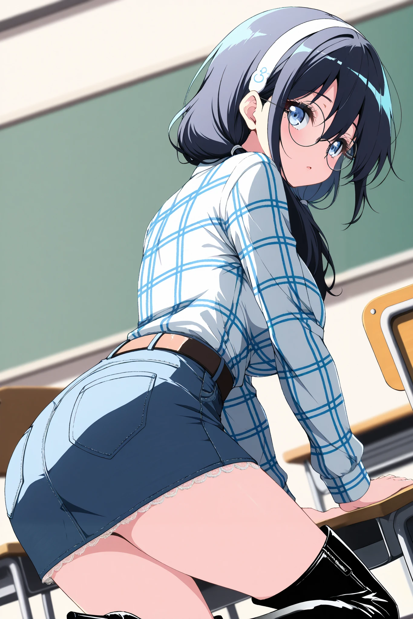 reia_kosu,1 female,solo,
black hair,low twin tail,blue hair,long hair,half up,hair between the eyes,blue eyes,big eyes,slant eyes,long eyelashes,sleepy eyes,
contempt,blurred background,
pretty,large breast,looking at viewer,
dutch angle,cowboy shot,
back,crawling on all fours,low angle,
from side,
shirts,round glasses,belt,pants,headband,
denim miniskirt,jeansminiskirt,plaid shirt,
white panty,bare thighs,
white lace-up boots,thigh_high boots,high heels,
beautiful legs,thin thighs,thin calves,
nallow waist,
perfect face,beautiful skin,
anatomically correct,
masterpiece,highest quality,
high resolution,high definition,
ultra-detailed,anime,
indoors,class room,school desk,school chair,
black board