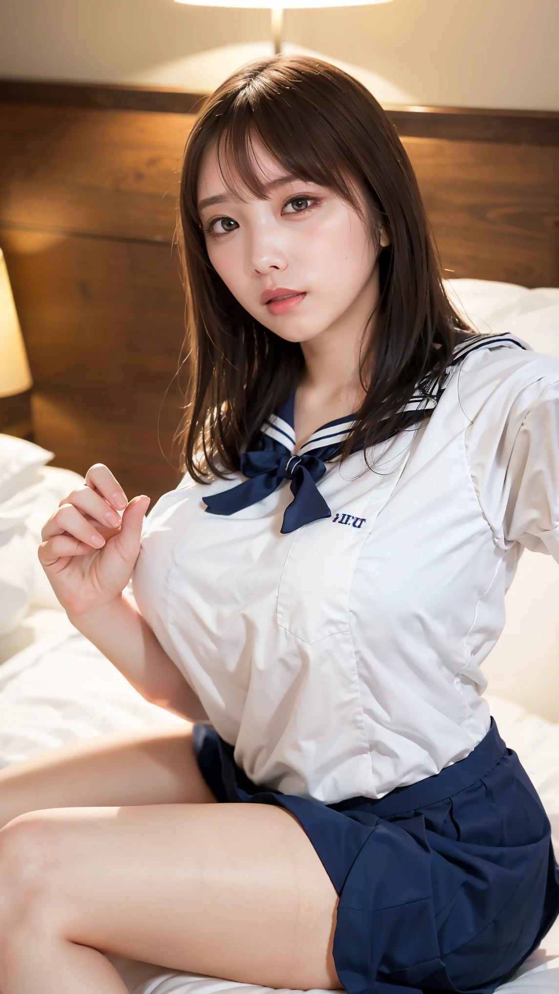 top-quality、​masterpiece、(1 girl),((lie on your back on the bed:1.4))),sleeping, (on the bed) 、18 years old、realisticlying、Voluptuous body、large full breasts,Open legs、Has BROWN hair,((top-quality、8K、​masterpiece:1.3))、(NSFW:1.3),photorealistic, Superwoman、masterpiece,(school uniform,sailor suit),Only the upper body is naked,((make eye contact with the audience)),penis in pussy