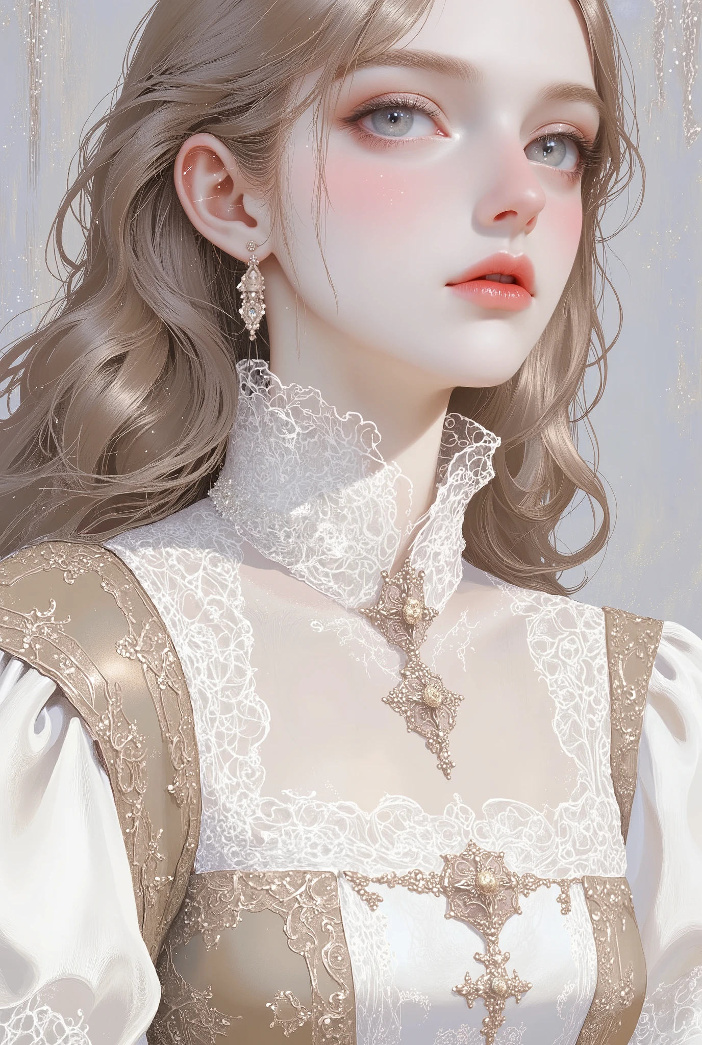 Girl, light brown hair, smooth length, gray brown eyes, sharp features, light white skin, shiny light pink lips, wearing a Victorian dress with beautiful, perfect, attractive sleeves, wearing soft light makeup, classic look, high resolution, clear colors.
