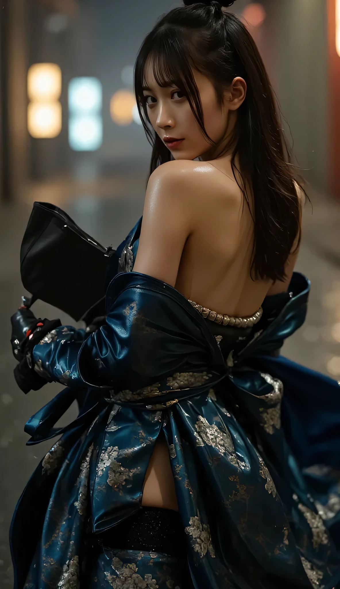 (((Dark Nostromo-style motorway in the night rain:2.0))),((( HR Gigger style cyberpunk Atmosphere :2.0))),(((Hold a cyberpunk-style Japanese sword:2.0))),Fighting,((full body:2.0)), one woman,( cute face),(Beautiful well-balanced face ),(( natural big breasted :2.0)),( black hair:1.5),(beautiful eyes:1.3), glamorous shot of a 20 year old Japanese woman , Slender Beautiful Body ,((Model body type:2.0)),(( slim body with hot water:1.7)),perfect body line,ideal proportions,((big breasts:2.0)),((F cup chest wearing:1.5)),Big Breasts,Bare thighs,sensual thighs seen from below the crowd, delicate body,( Muscular:1.7),A harmonious posture,((Realistic breast depiction :1.7)),carefully depicts limbs based on perfect anatomy,((A blue glowing transparent glass leotard in the style of a near-future samurai armor:1.5)),Filled with multicolored LEDs,((super high-leg leotard made of camy-like transparent glass that fits the body:1.5)),((military coat style blue translucent kimono with the front open on top of the leotard:2.0)),((translucent blue military coat style kimono with iron armor on the shoulder:2.0)),(ear monitor:1.5),((Tactical Holster:1.5)),( gloves:1.3),concept art,(TOP QUALITY:1.5),(masterpiece:1.5),(超高resolution),resolution,UHD,( delicate depiction), carefully drawn with butterfly wings ,32K,((realistic skin texture:1.5)),((( super realistic :1.5))), eyelashes,very detailed face,Highly detailed female hand,Sexy appearance,Very sensual,(Blurry Dim Backgrounds :1.5), professional photography,( Movie Lighting:2.0),(( Blade Runner Style Lights :2.0))