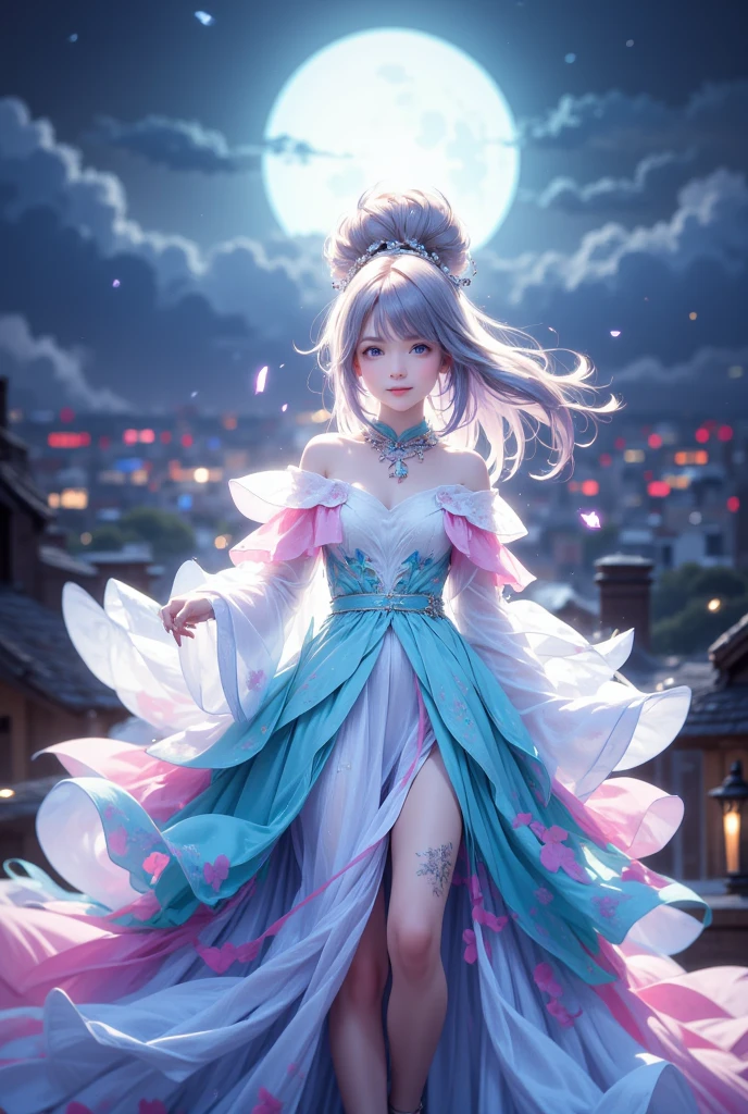 High quality, high resolution, fractal art, white hair and blue eyes, beautiful girl with long hair and white tiger, fairy wings on her back, white dress with delicate embroidery, fantasy art, fantastic flower field, soap bubbles, Korean glitter eye makeup, very delicate makeup, glitter, small breasts