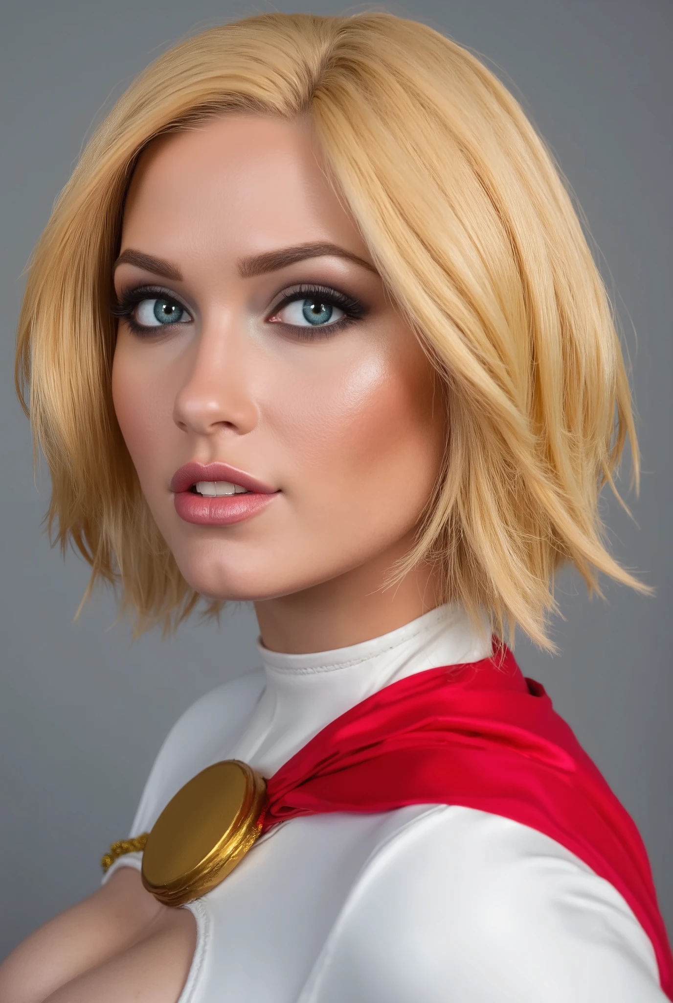 ultra-realistic,Kate upton as power girl realism,Defined full lips,natural lighting,,sexy ,feminine body,UHD 8K, grey background, character design sketch in various perspectives, rear, front, 3 /4, profile
