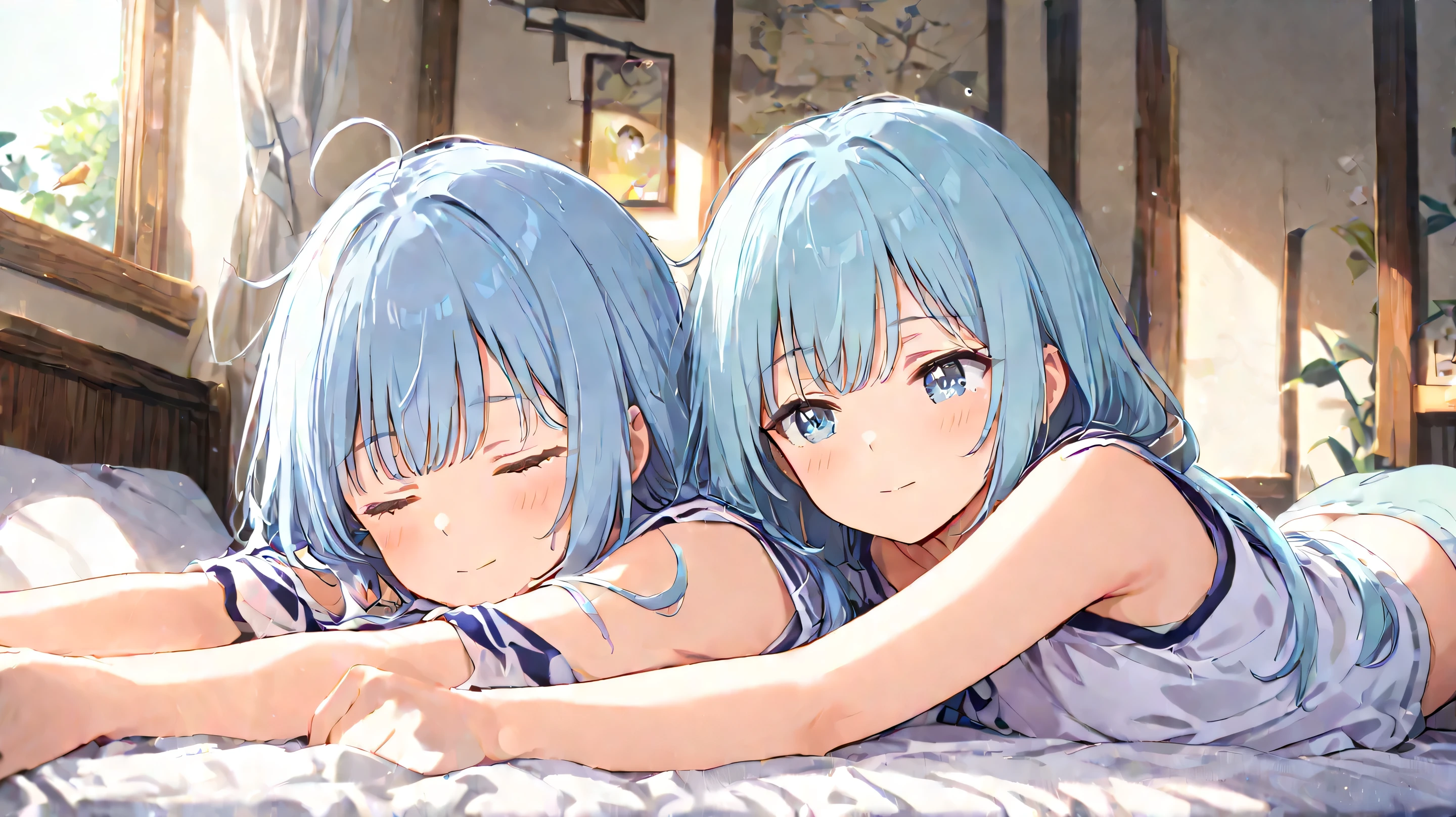 female short hair light blue hair Light blue eyes Waking up