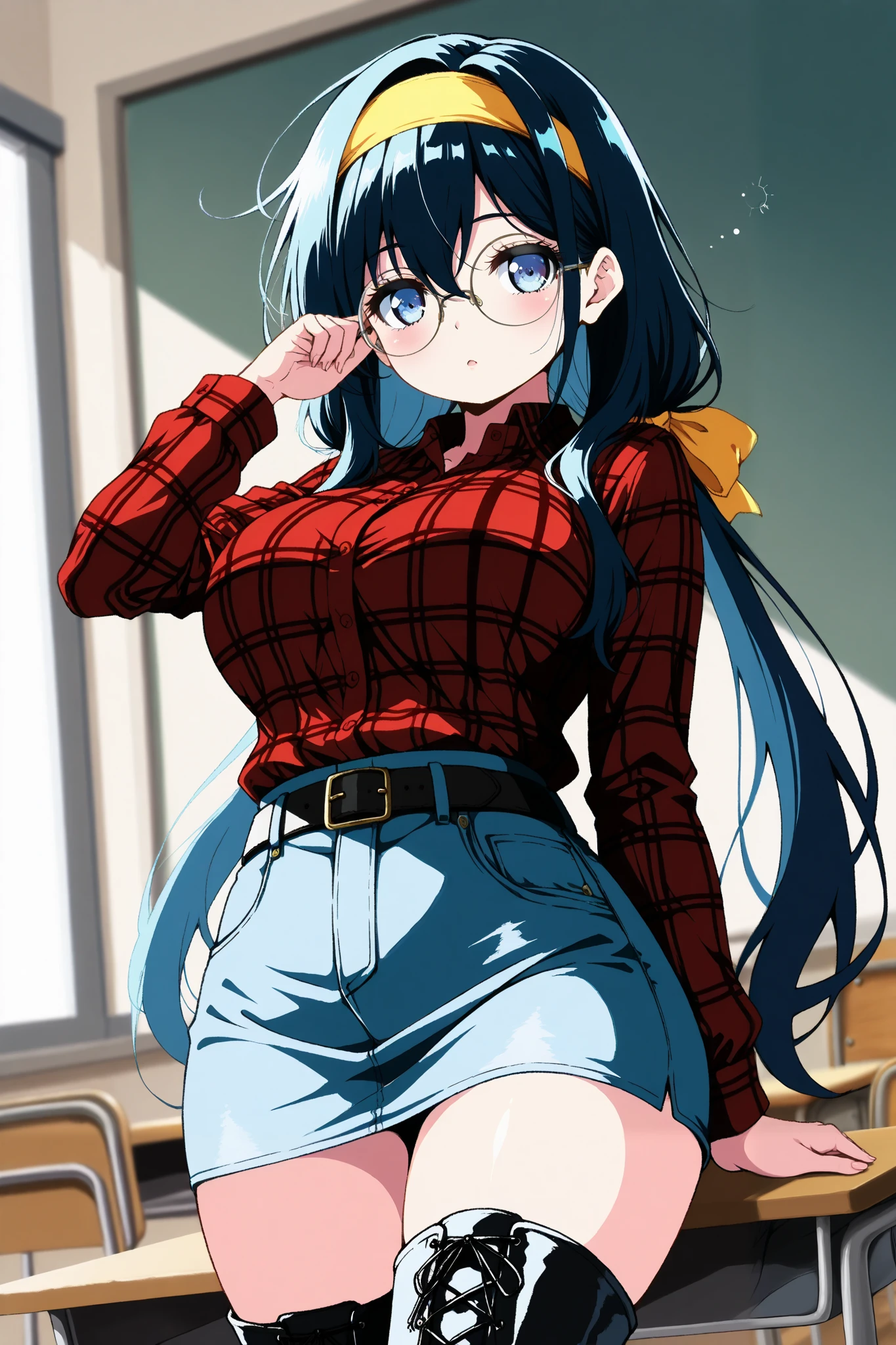 reia_kosu,1 female,solo,
black hair,low twin tail,blue hair,long hair,half up,hair between the eyes,blue eyes,big eyes,slant eyes,long eyelashes,sleepy eyes,
contempt,blurred background,
pretty,large breast,looking at viewer,
dutch angle,cowboy shot,
shirts,round glasses,belt,pants,headband,
denim miniskirt,jeans miniskirt,plaid shirt,
white panty,bare thighs,
white lace-up boots,thigh_high boots,high heels,
beautiful legs,thin thighs,thin calves,
nallow waist,
perfect face,beautiful skin,
anatomically correct,
masterpiece,highest quality,
high resolution,high definition,
ultra-detailed,anime,
indoors,class room,school desk,school chair,
black board
