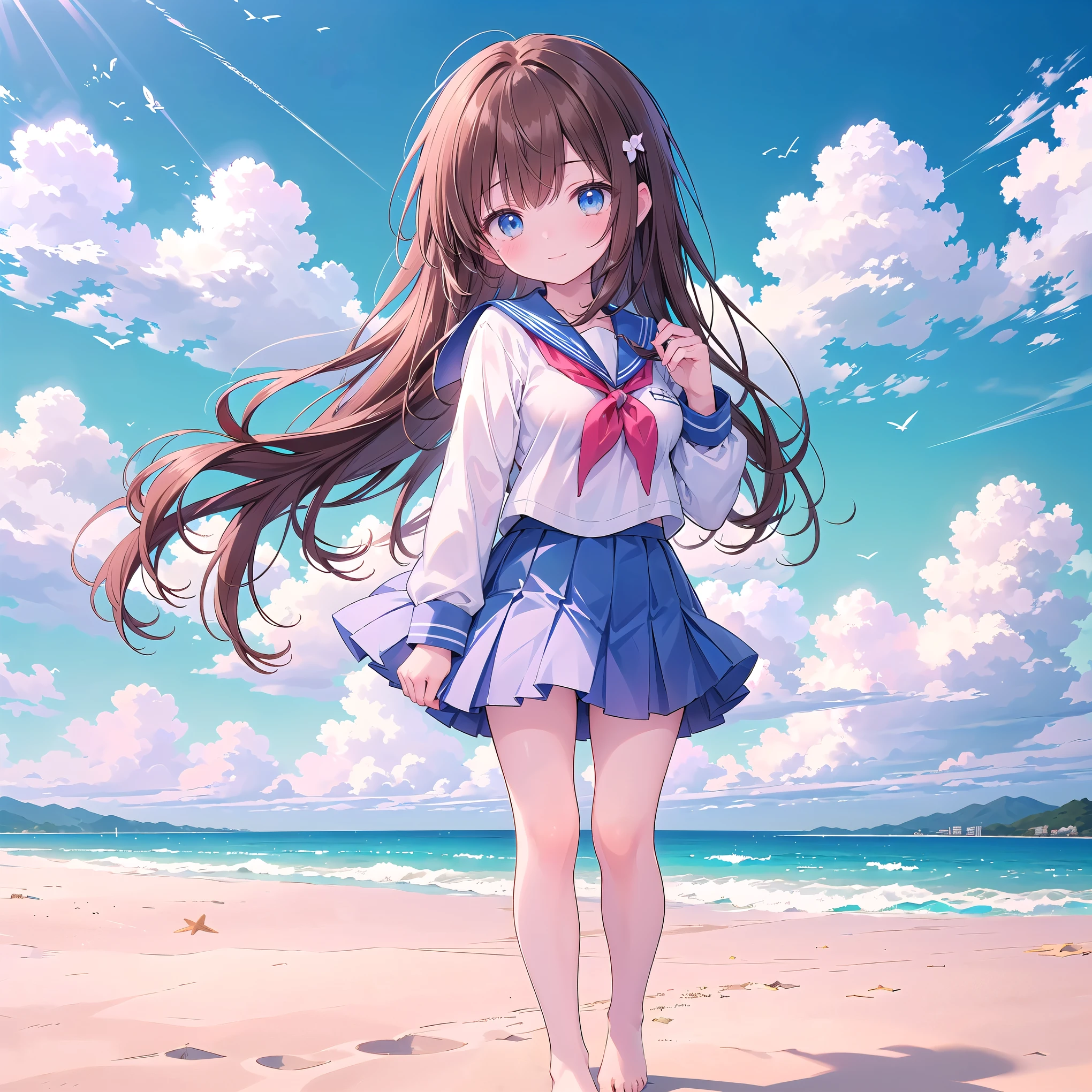 ((( super detailed, very detailed CG, Masterpiece, high quality, 4K, high resolution, sharp concentration, Take a commemorative photo on a sandy beach with the calm and beautiful sea in the background, anime style illustration,Brown hair))),(Alone:2), cute, Smiling Brightly , light blue eyes,(A girl is standing on the beach:1.4),(Tokyo Jogakkan High School uniform:1.6),( Long Sleeve:1.7),( slightly bulging breasts:1.2), Clear Skin, Fluttering Skirt , barefoot,((long hair)), beautiful hair in front of a man,Gentle Breeze, White Clouds ,blue sky, viewers are watching The Man with the Big Penis, I'm shy,