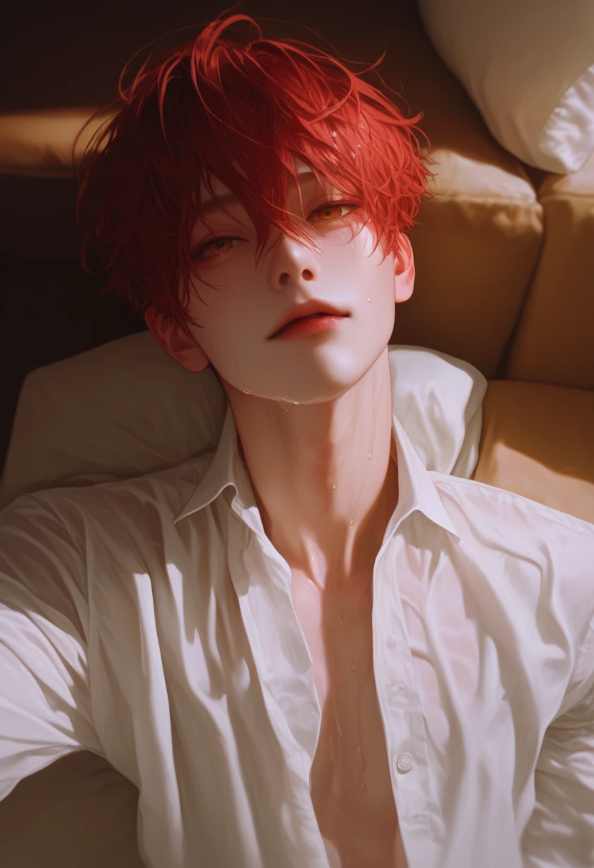 The Bad，   dark red hair， From the room ， in bed，healthy，  sitting position on a chair and sofa，Head perspective  ，look up， Korean comic style ， Young and Energetic， Good Condition  ，Very handsome脸瓜子脸，white shirt，   White Skin，  wet hairstyle   ， Fascinating Eyes  ， Very handsome