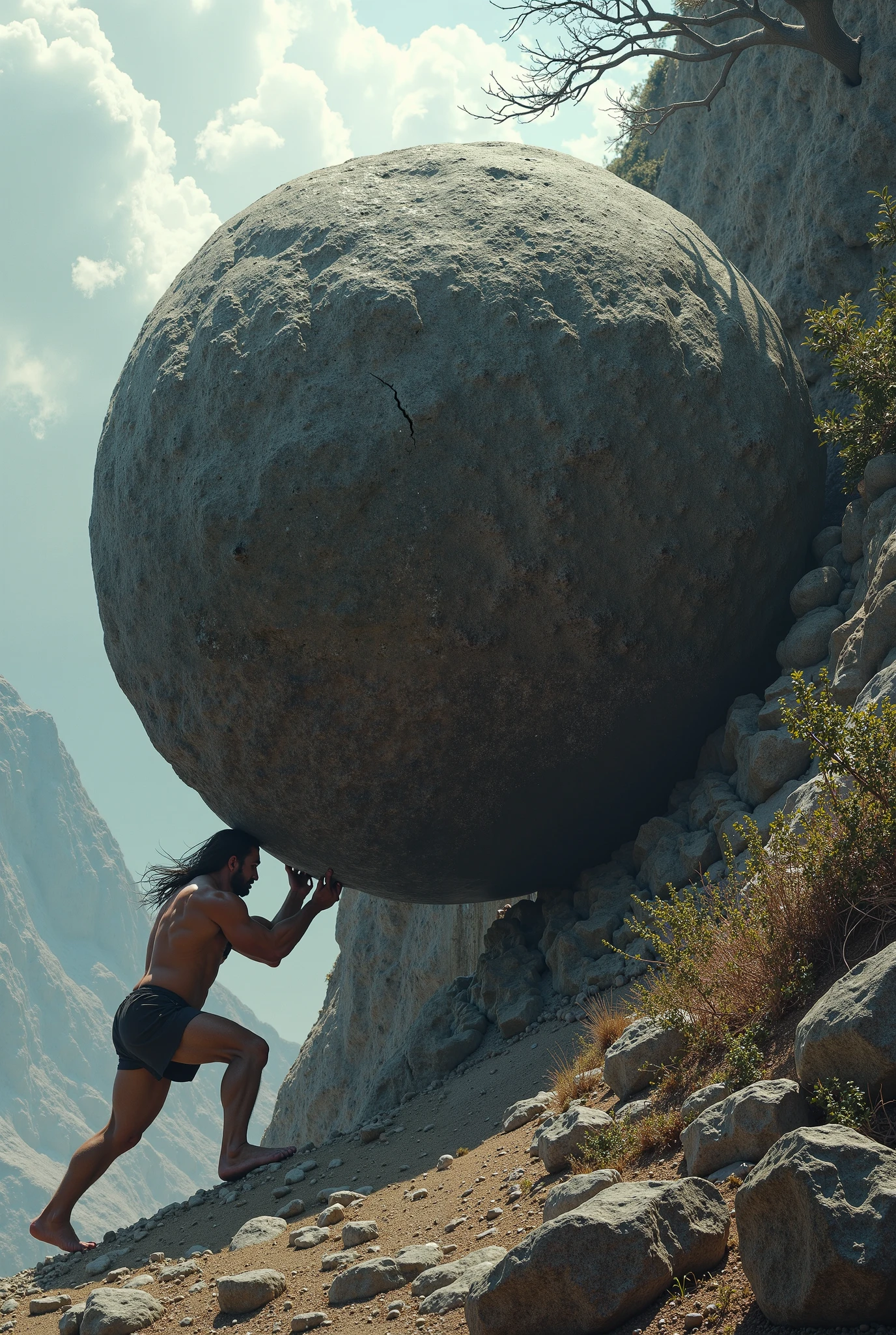 "A person trying to push a massive, immovable boulder up a steep hill, with the boulder clearly rooted to the ground, symbolizing the futility of changing the unchangeable."
