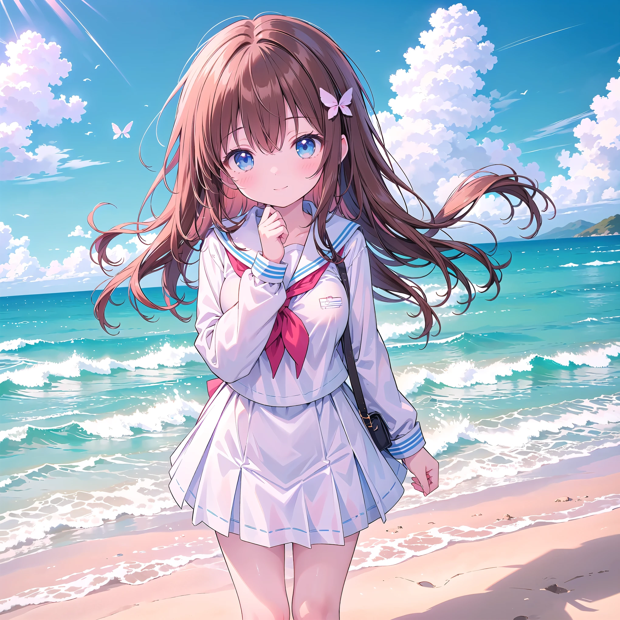 ((( super detailed, very detailed CG, Masterpiece, high quality, 4K, high resolution, sharp concentration, Take a commemorative photo on a sandy beach with the calm and beautiful sea in the background, anime style illustration,Brown hair))),(Alone:2), cute, Smiling Brightly , light blue eyes,(A girl is standing on the beach:1.4),(Tokyo Jogakkan High School uniform:1.6),( Long Sleeve:1.7),( slightly bulging breasts:1.2), Clear Skin, Fluttering Skirt , barefoot,((long hair)), beautiful hair in front of a man,Gentle Breeze, White Clouds ,blue sky, viewers are watching The Man with the Big Penis, I'm shy,