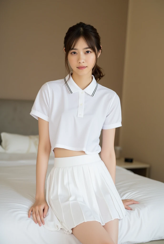 (Masterpiece, Best quality: 1.4), (Ultra realistic, Photo-realistic: 1.2), Full body, (kneeling: 1.3), Looking at viewer, Natural light, 18 years old actress, Japanese women, (arms behind back: 1.2), Neat and clean, ((White tennis uniform, White short-sleeve polo shirt with collar:1.2)), (unbutton:1.3), ((White tennis pleated skirt:1.2)), Wearing white sock, (ponytail: 1.2), Light brown hair color, (Beautiful Face), Oval face, clear, (Beautiful eyes, Kind eyes), (Clear skin), Small face, (Small mouth, Beautiful mouth), Natural makeup, Approachable, Luxury hotel Suite room, On bed, (nsfw:1.1), Seductive smile, Seductive pose, Beautiful thighs, Bedroom eyes,