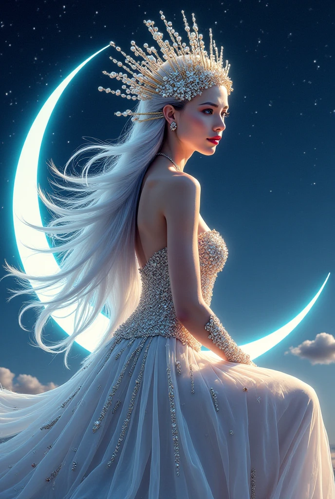 full body front view professional photostwo goddess of the moon a woman with pale white skin and glossy lips and full lashes makeup done with white pale hair in a white goddess outfits sitting on the moon a pretty head piece in space holding a planet and kissing the planet