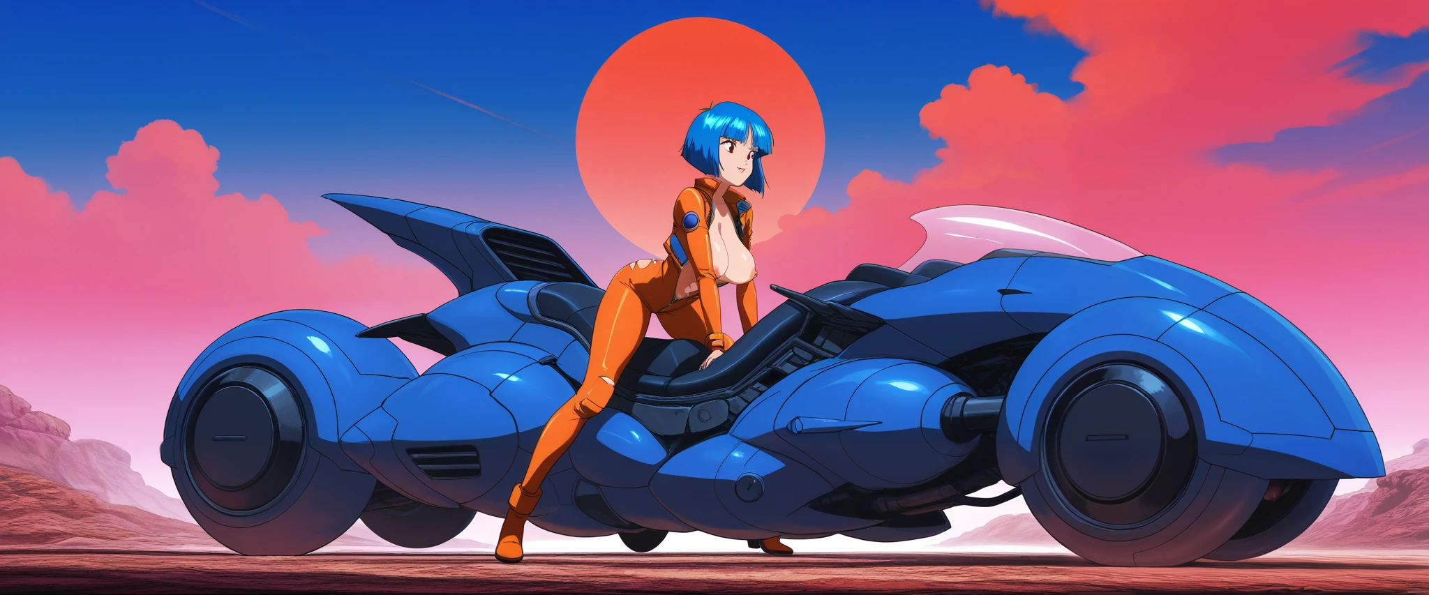 90's Anime, score_9, score_8_up, score_7_up, score_6_up, score_5_up, score_4_up, source_anime, Quality_masterpiece, Absurd res, Anatomically correct, Beautiful face, Perfect face, Beautiful girl riding a Advanced SCI-FI vehicle, wheelless, (hovering vehicle), vehicle focus, fully opened bodysuit, open sponsored jumpsuit, unzipped, big apart breasts, big breasts, DETAILED, mixed_artwork style, long blunt bangs, blue hair, ((cut-out top, ripped top)), Anime illustration, stylized, pulp art, beautiful composition, busty, colorful, (perky) tits, high res, juicy tits, glossy lips, (saturated colors), (highres), wide view, cinematic 8k, UHD, ((Inclined forward)), sci-fi, adventure, fantasy,