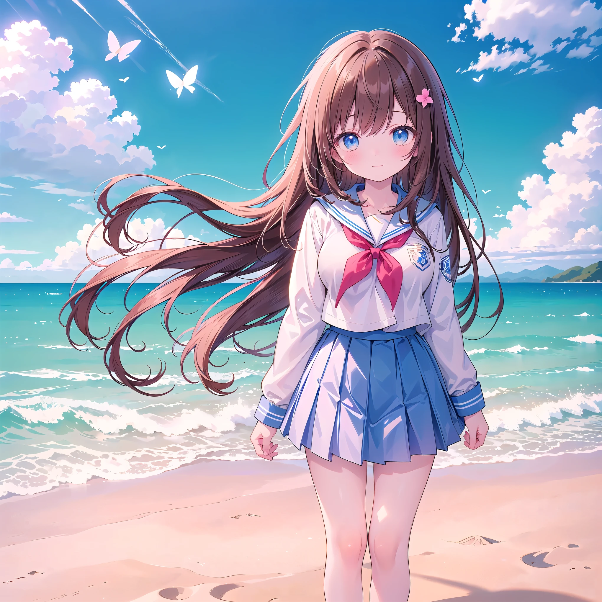 ((( super detailed, very detailed CG, Masterpiece, high quality, 4K, high resolution, sharp concentration, Take a commemorative photo on a sandy beach with the calm and beautiful sea in the background, anime style illustration,Brown hair))),(Alone:2), cute, Smiling Brightly , light blue eyes,(A girl is standing on the beach:1.4),(Tokyo Jogakkan High School uniform:1.6),( Long Sleeve:1.7),( slightly bulging breasts:1.2), Clear Skin, Fluttering Skirt , barefoot,((long hair)), beautiful hair in front of a man,Gentle Breeze, White Clouds ,blue sky, viewers are watching The Man with the Big Penis, I'm shy,