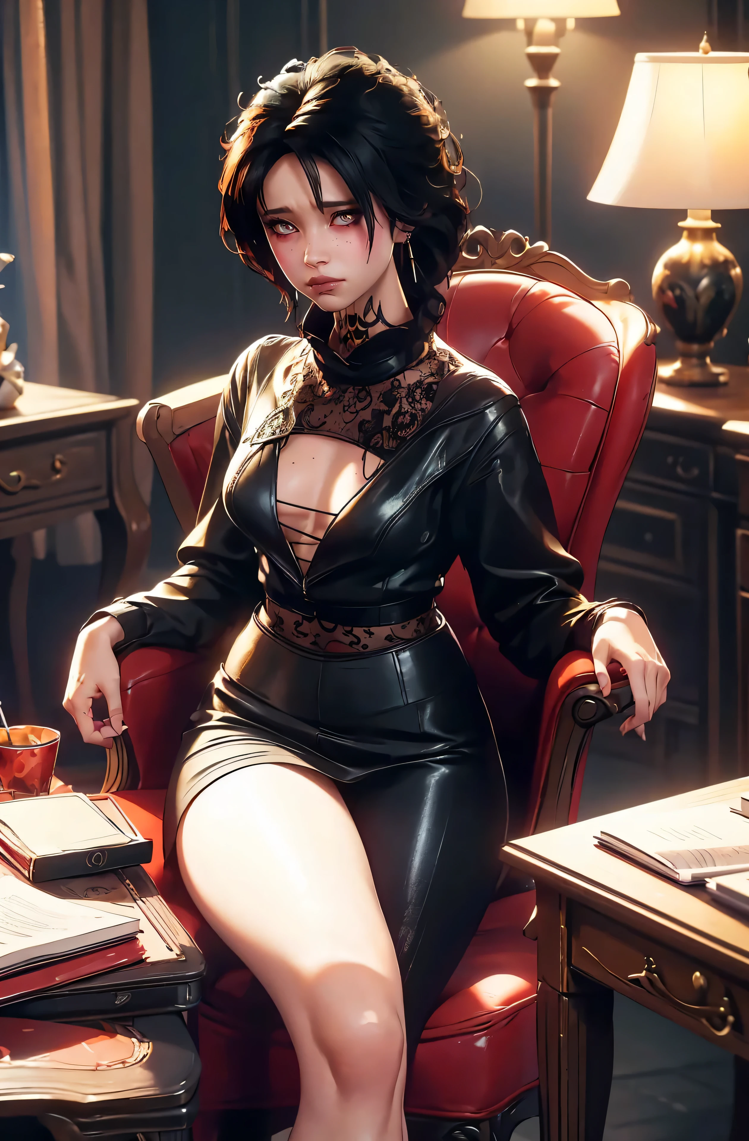 , (Masterpiece), (Best quality), (Very detailed), (CG Very detailed), (Highly sensitive), (Perfect lighting), (8K), (dynamic angle), (sharp image), vibrant colors, feminine, Masterpiece, Best quality, Depth of field, Cinema Lighting, Masterpiece, Best quality, Very detailed, Colorful, vibrant, Thighs, mature feminine, bachelor, (Masterpiece, Best quality, High accuracy, Anime screen, Colorful anime,), (Perfect anatomy, Beautiful detailed eyes, Beautiful detailed body, Shiny skin), Sexy mature anime lady sitting on a chair in sexy outfit, black clothes, Across the legs, shiny Thighs, Looking at the viewer, Side bangs, Red poetry, Ringed eyes, braided ponytail, Side bangs, Medium breast, inside, room, lampshade, small table, Bright yellow eyes, Very scary eyes, She wears a business suit, black necktie, Scary atmosphere, Black pants