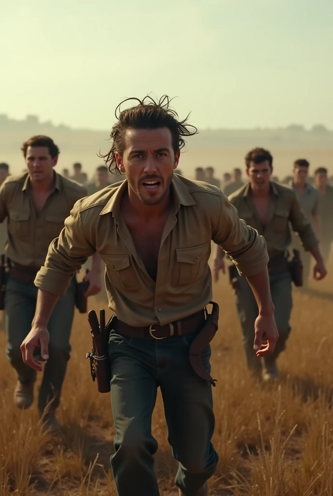 A young handsome beautiful slim shirtless white skinned man in the desert many horse running behind him