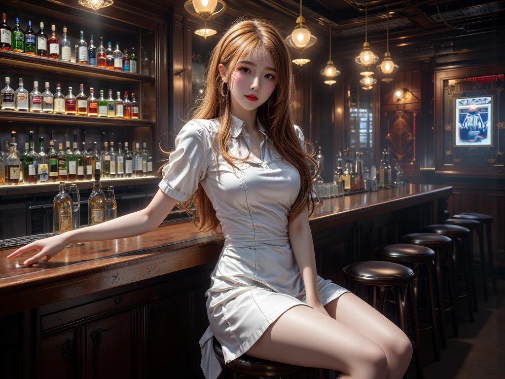 White-skinned high school student aged with red hair, looks towards the camera smiling, long straight hair, deep blue eyes, wearing a red dress, in a bar with friends, drinking something cold, with a bar table, perfect night, hultra hd, 4k, 8k, masterpiece, super details.