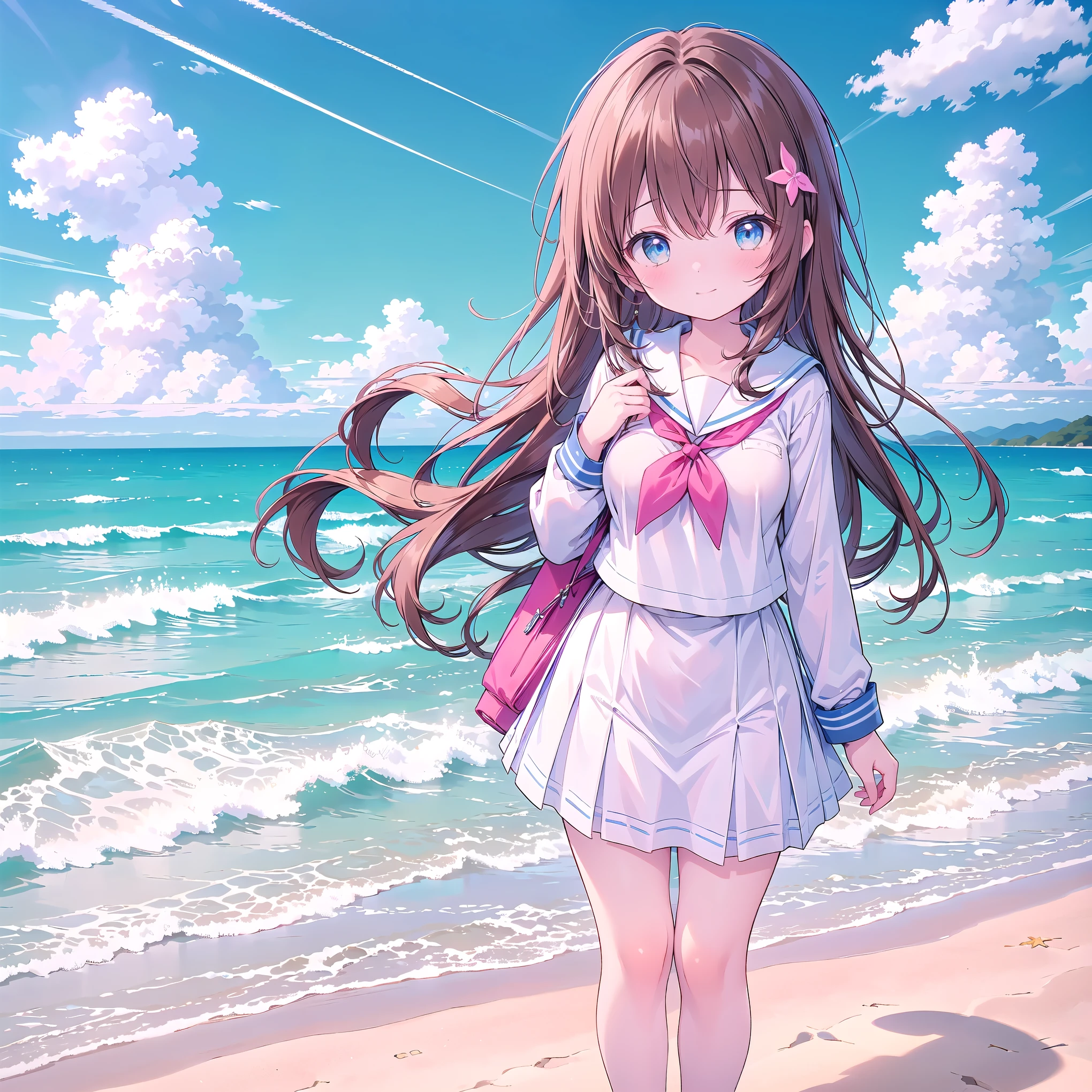 ((( super detailed, very detailed CG, Masterpiece, high quality, 4K, high resolution, sharp concentration, Take a commemorative photo on a sandy beach with the calm and beautiful sea in the background, anime style illustration,Brown hair))),(Alone:2), cute, Smiling Brightly , light blue eyes,(A girl is standing on the beach:1.4),(Tokyo Jogakkan High School uniform:1.6),( Long Sleeve:1.7),( slightly bulging breasts:1.2), Clear Skin, Fluttering Skirt , barefoot,((long hair)), beautiful hair in front of a man,Gentle Breeze, White Clouds ,blue sky, viewers are watching The Man with the Big Penis, I'm shy,