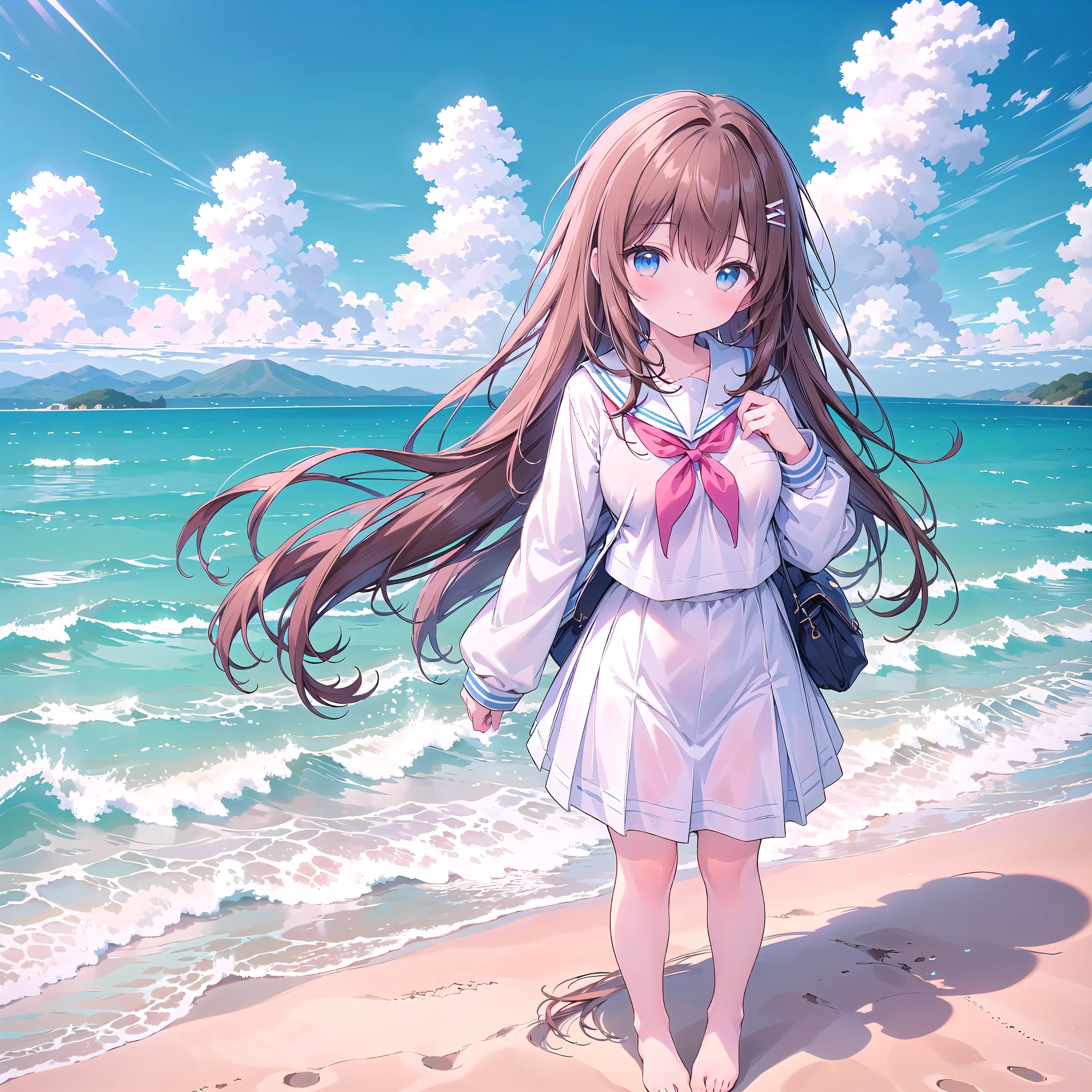 ((( super detailed,  very detailed CG,  Masterpiece,  high quality, 4K,  high resolution, sharp concentration, Take a commemorative photo on a sandy beach with the calm and beautiful sea in the background, anime style illustration,Brown hair))),(Alone:2), cute, Smiling Brightly , light blue eyes,(A girl is standing on the beach:1.4),(Tokyo Jogakkan High School uniform:1.6),( Long Sleeve:1.7),( slightly bulging breasts:1.2), Clear Skin, Fluttering Skirt , barefoot,((long hair)), beautiful hair in front of a man,Gentle Breeze, White Clouds ,blue sky, viewers are watching The Man with the Big Penis, I'm shy,