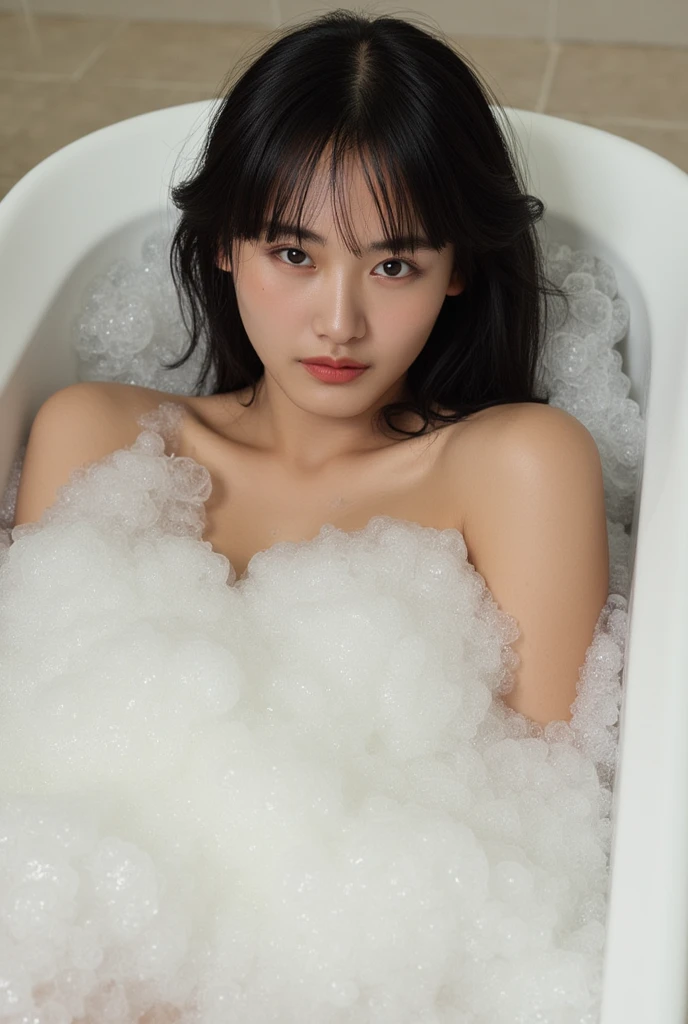 There was a woman taking a bath, Milky white skin, Clean face and body skin, mud on face, Clean face, pale milky white porcelain skin, her face is coated in a whitish，photorealestic，huge tit，cleavage，Naked