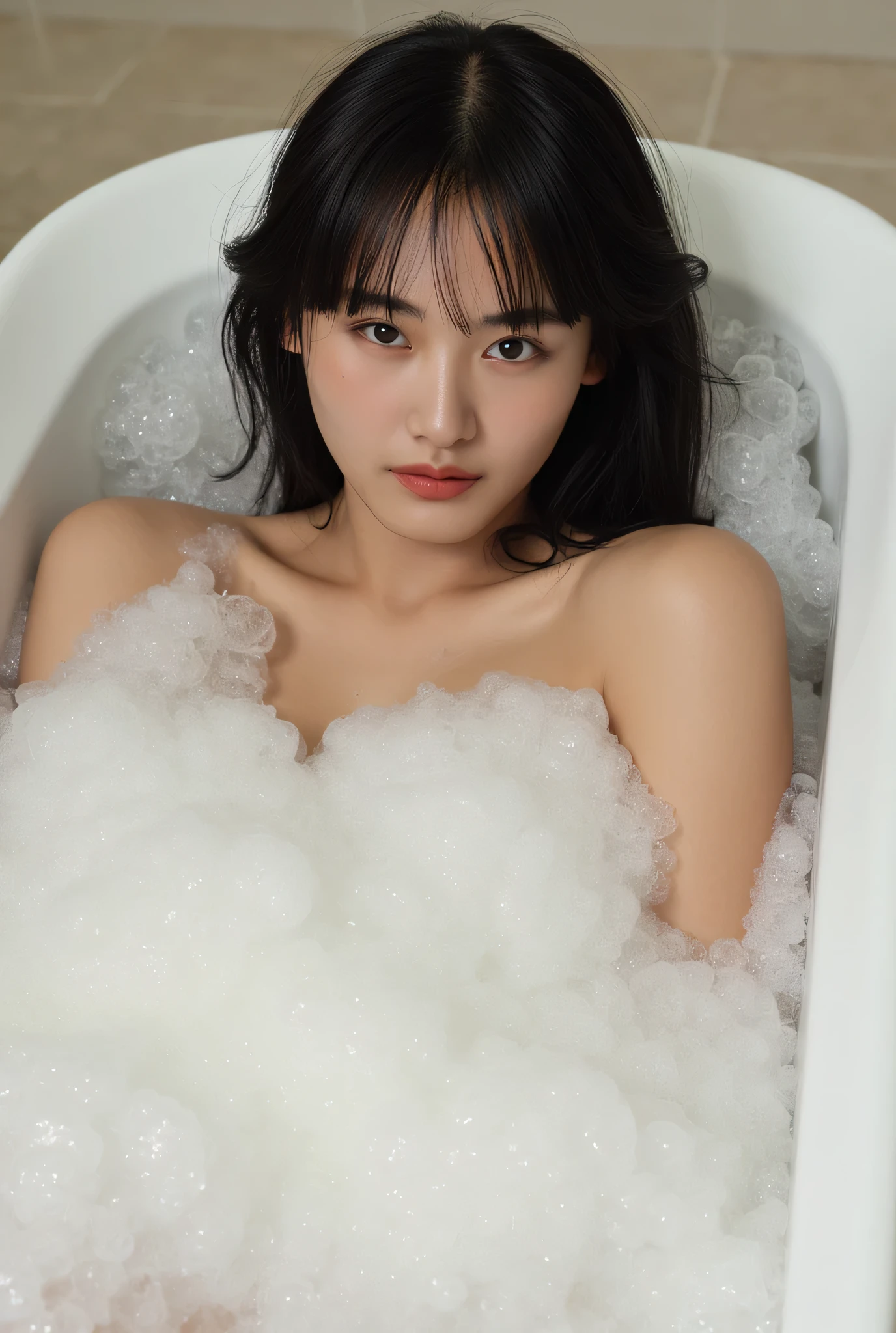 Professional photography, realistic, photo taken from directly above of an Asian woman lying in a bathtub, she has long messy black hair, she is taking a bath, she has clean makeup, bathtub full of bubbles, photo has bubbles flying in the foreground, SFW censored with soap suds, intricate details