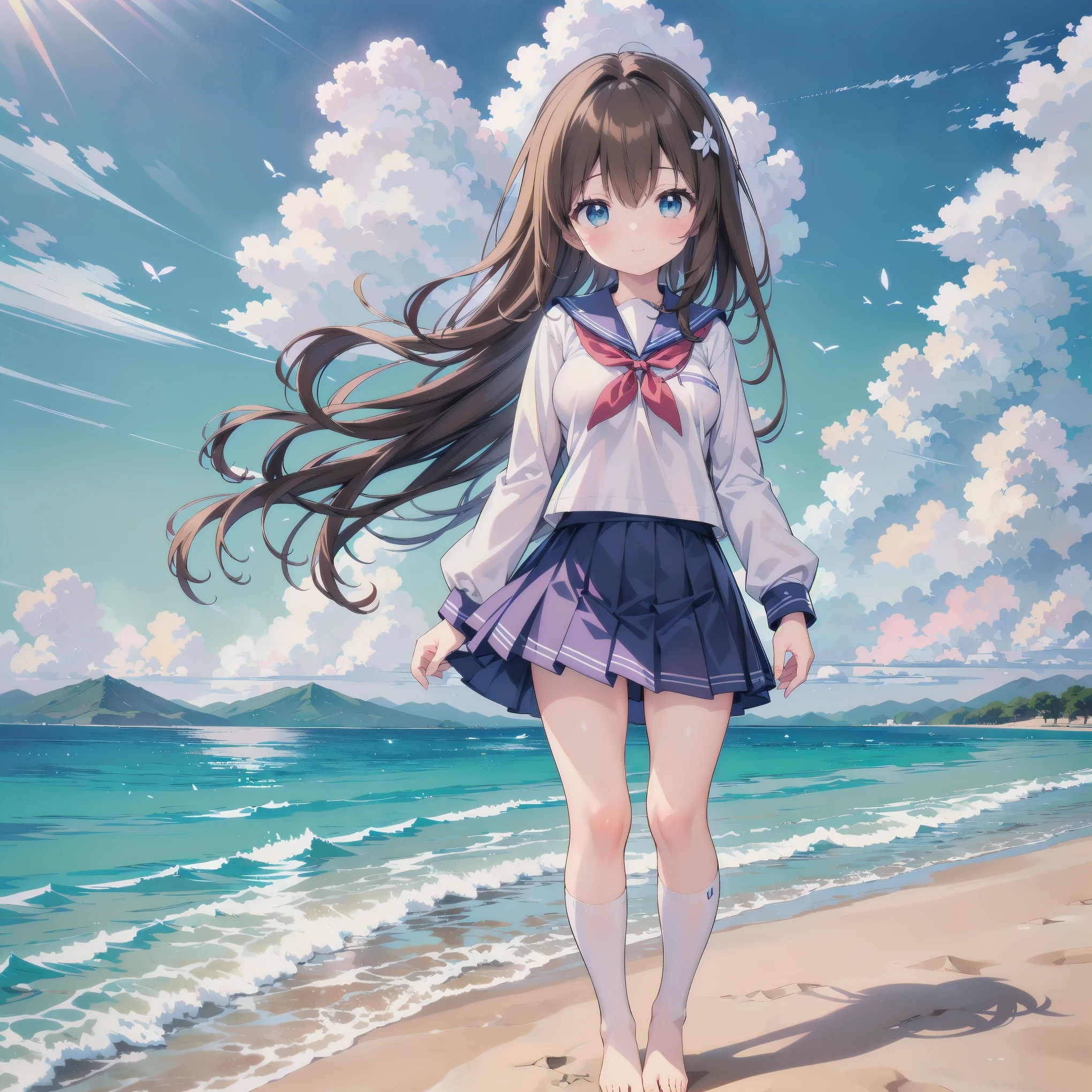 ((( super detailed, very detailed CG, Masterpiece, high quality, 4K, high resolution,sharp concentration, Take a commemorative photo on a sandy beach with the calm and beautiful sea in the background, anime style illustration,Brown hair))),(Alone:2), cute, Smiling Brightly , light blue eyes,(A girl is standing on the beach:1.4),(Tokyo Jogakkan High School uniform:1.6),( Long Sleeve:1.7),( slightly bulging breasts:1.2), Clear Skin, Fluttering Skirt , barefoot,((long hair)), beautiful hair in front of a man,Gentle Breeze, White Clouds ,blue sky, viewers are watching The Man with the Big Penis,is shy,