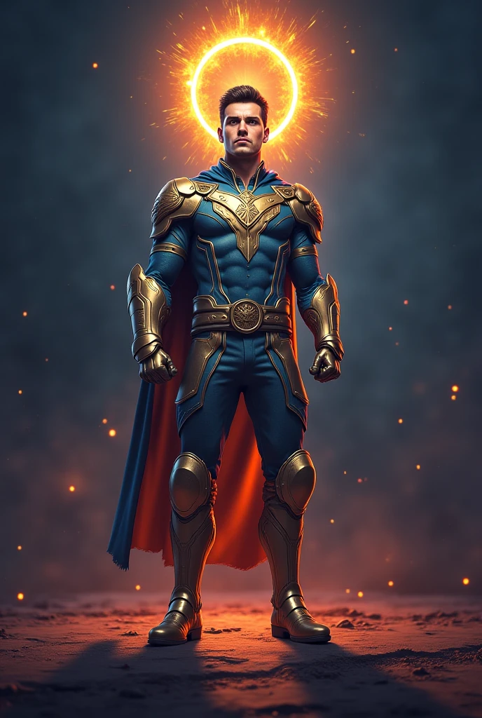 Create a male superhero character named Chronor, inspired by clockwork and time manipulation, in the style of Miraculous Ladybug.
Chronor should have a sleek, streamlined suit that is primarily bronze with copper and gold accents. The design should be elegant and stylized, with soft, flowing lines rather than overly complex mechanical details. The suit should include subtle clockwork motifs, like small, decorative gears, and patterns resembling clock faces, but keep the overall look simple and clean. The visor is translucent, showing faint temporal symbols and numbers, with a gentle golden glow. The character should exude confidence and agility, with a short, flowing cape that complements the design. The overall appearance should blend seamlessly into the Miraculous Ladybug universe, with a focus on charm, elegance, and a hint of mystery.
