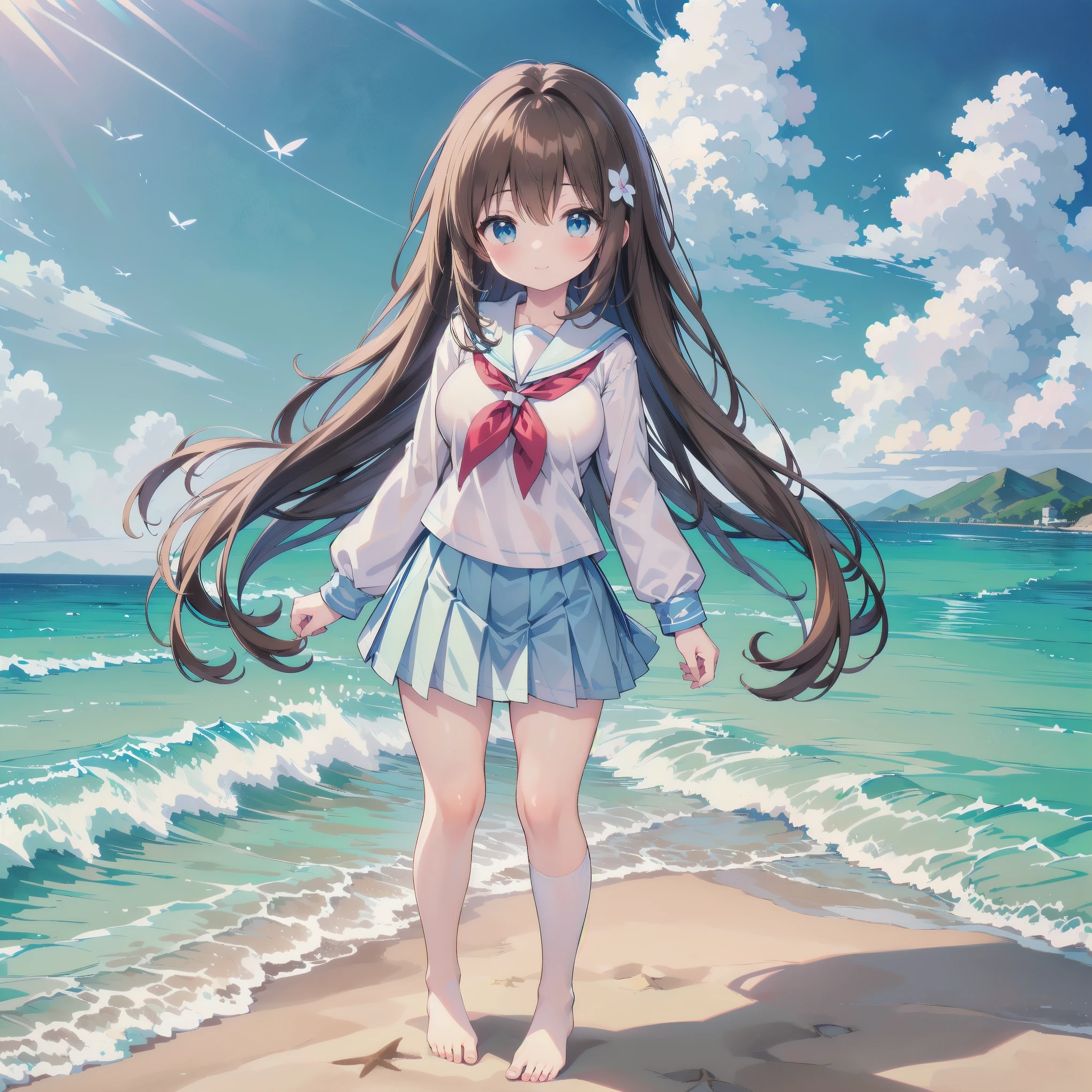 ((( super detailed, very detailed CG, Masterpiece, high quality, 4K, high resolution,sharp concentration, Take a commemorative photo on a sandy beach with the calm and beautiful sea in the background, anime style illustration,Brown hair))),(Alone:2), cute, Smiling Brightly , light blue eyes,(A girl is standing on the beach:1.4),(Tokyo Jogakkan High School uniform:1.6),( Long Sleeve:1.7),( slightly bulging breasts:1.2), Clear Skin, Fluttering Skirt , barefoot,((long hair)), beautiful hair in front of a man,Gentle Breeze, White Clouds ,blue sky, viewers are watching The Man with the Big Penis,is shy,