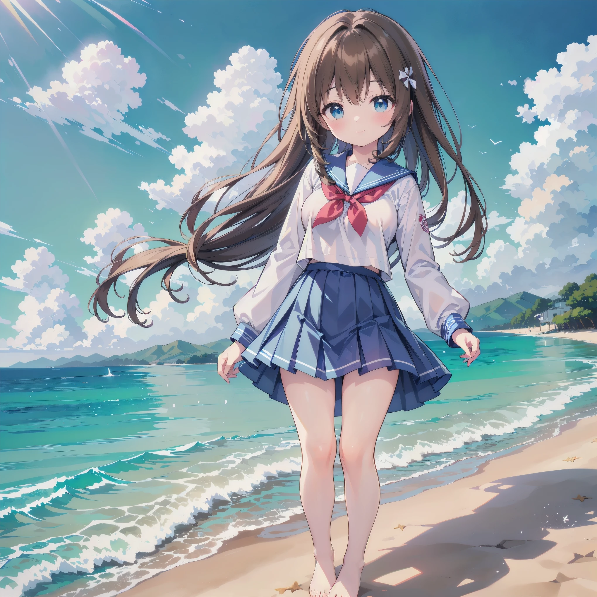 ((( super detailed, very detailed CG,  Masterpiece,  high quality, 4K, high resolution,sharp concentration, Take a commemorative photo on a sandy beach with the calm and beautiful sea in the background, anime style illustration,Brown hair))),(Alone:2), cute, Smiling Brightly , light blue eyes,(A girl is standing on the beach:1.4),(Tokyo Jogakkan High School uniform:1.6),( Long Sleeve:1.7),( slightly bulging breasts:1.2), Clear Skin, Fluttering Skirt , barefoot,((long hair)), beautiful hair in front of a man,Gentle Breeze, White Clouds ,blue sky, viewers are watching The Man with the Big Penis,is shy,