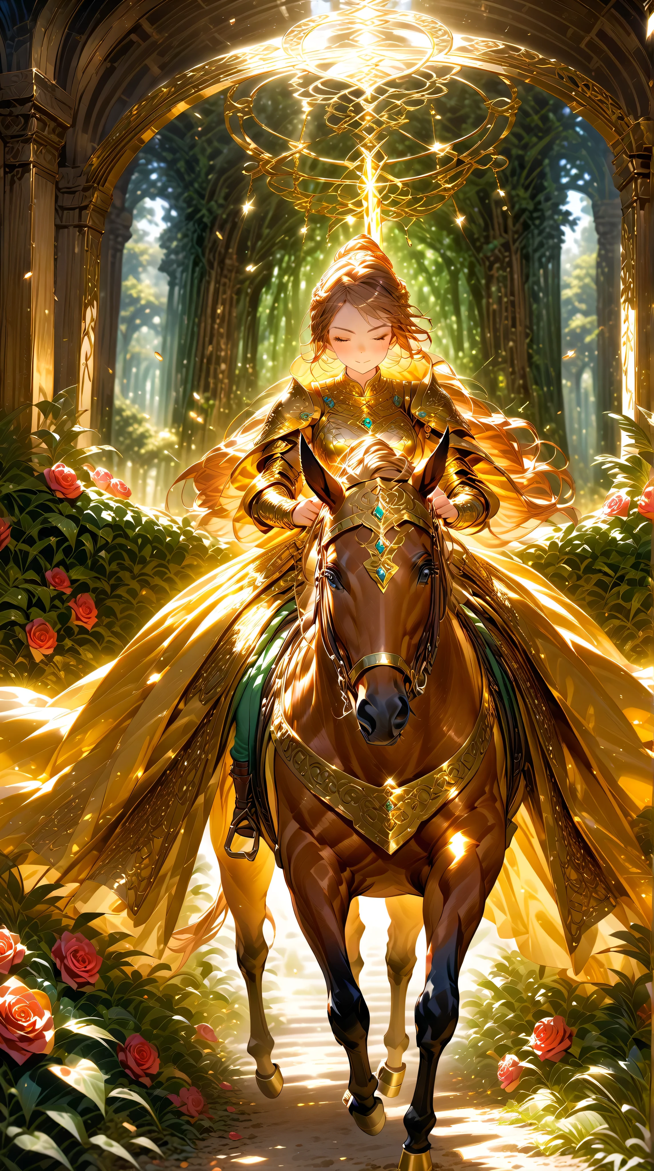 ((masterpiece, HD ,8k)),(( very detailed , perfect picture with roses)),( perfect anatomy),A girl is riding in a horse-drawn carriage,Wearing golden armor,I have a weapon and a saucer