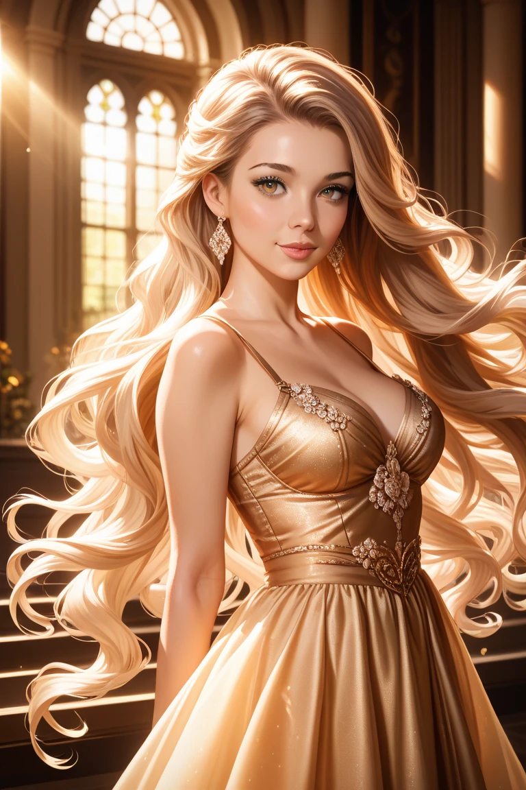 Ohohoho、Laughing at the lowly、Glamorous young princess with long curly blonde hair、Wearing a long dress with lots of jewels、Hold a gorgeous fan to your mouth、