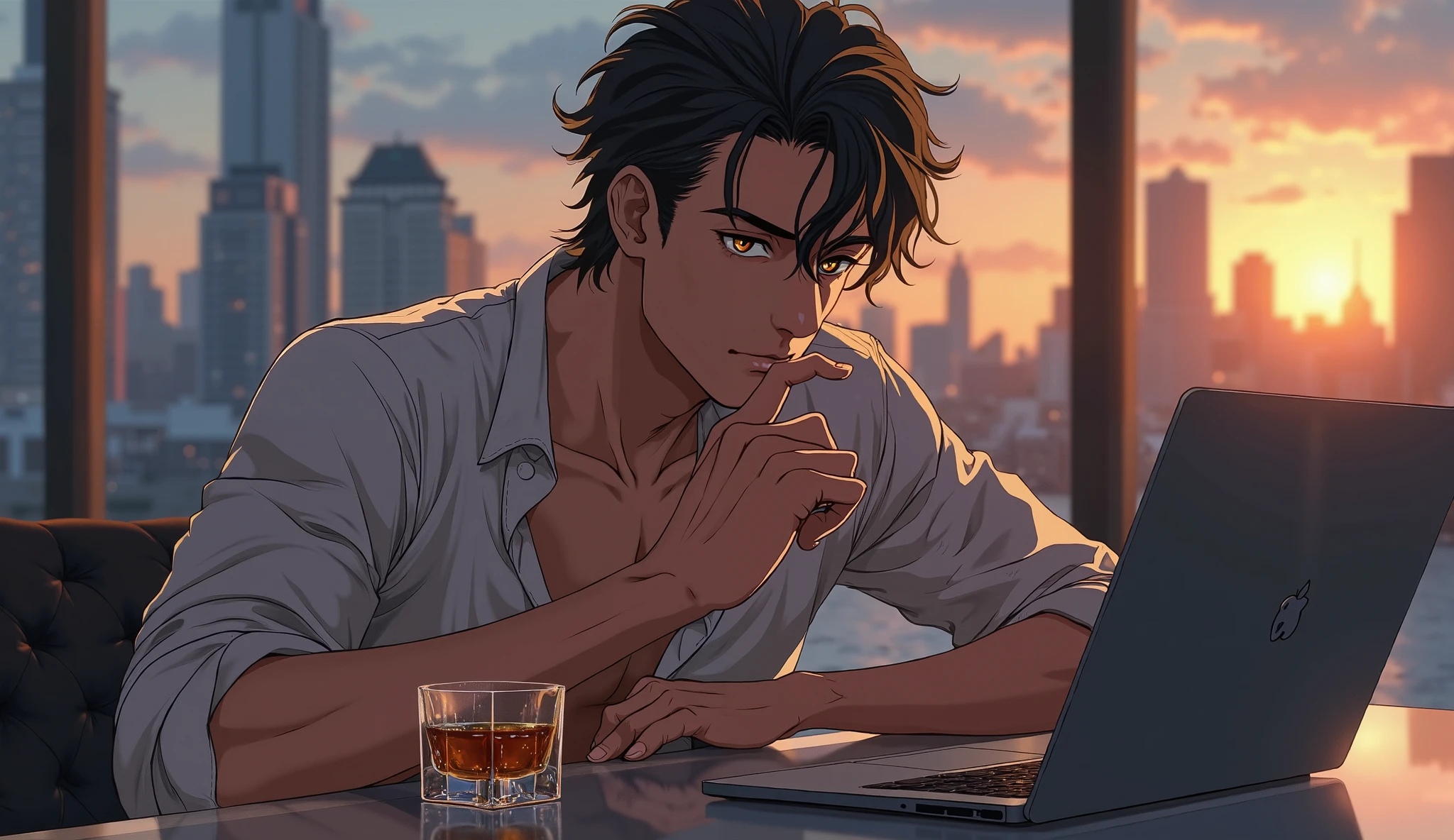 (Best Quality,4k,8k,High resolution,masterpiece:1.2),ultra detailed,(realist,photorealist,photo-realist:1.37),1 man,31 years,mature man,very handsome,muscular,without expresion,short gray black hair,blue eyes,glare,perfect face without mistakes,imposing posture,looking at the ground,sitting on a rooftop,acrylic,night sunrise,imagen hdr