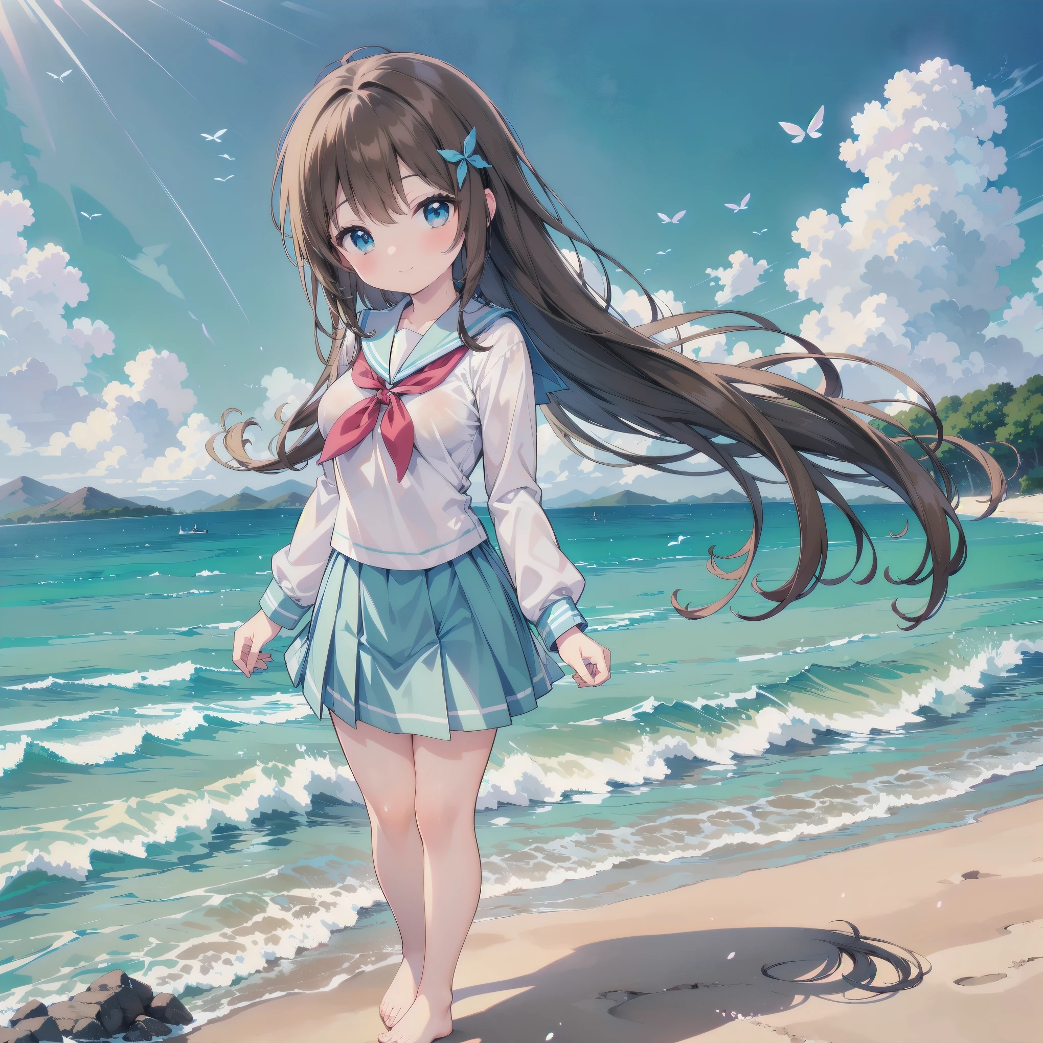 ((( super detailed, very detailed CG,  Masterpiece,  high quality, 4K, high resolution,sharp concentration, Take a commemorative photo on a sandy beach with the calm and beautiful sea in the background, anime style illustration,Brown hair))),(Alone:2), cute, Smiling Brightly , light blue eyes,(A girl is standing on the beach:1.4),(Tokyo Jogakkan High School uniform:1.6),( Long Sleeve:1.7),( slightly bulging breasts:1.2), Clear Skin, Fluttering Skirt , barefoot,((long hair)), beautiful hair in front of a man,Gentle Breeze, White Clouds ,blue sky, viewers are watching The Man with the Big Penis,is shy,