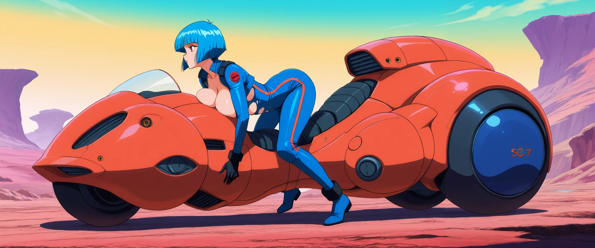 90's Anime, score_9, score_8_up, score_7_up, score_6_up, score_5_up, score_4_up, source_anime, Quality_masterpiece, Absurd res, Anatomically correct, Beautiful face, Perfect face, Beautiful girl riding a Advanced SCI-FI vehicle, wheelless, (hovering vehicle), vehicle focus, fully opened bodysuit, open sponsored jumpsuit, unzipped, big apart breasts, big breasts, DETAILED, mixed_artwork style, long blunt bangs, blue hair, ((cut-out top, ripped top)), Anime illustration, stylized, pulp art, beautiful composition, busty, colorful, (perky) tits, high res, juicy tits, glossy lips, (saturated colors), (highres), wide view, cinematic 8k, UHD, ((Inclined forward)), sci-fi, adventure, fantasy,