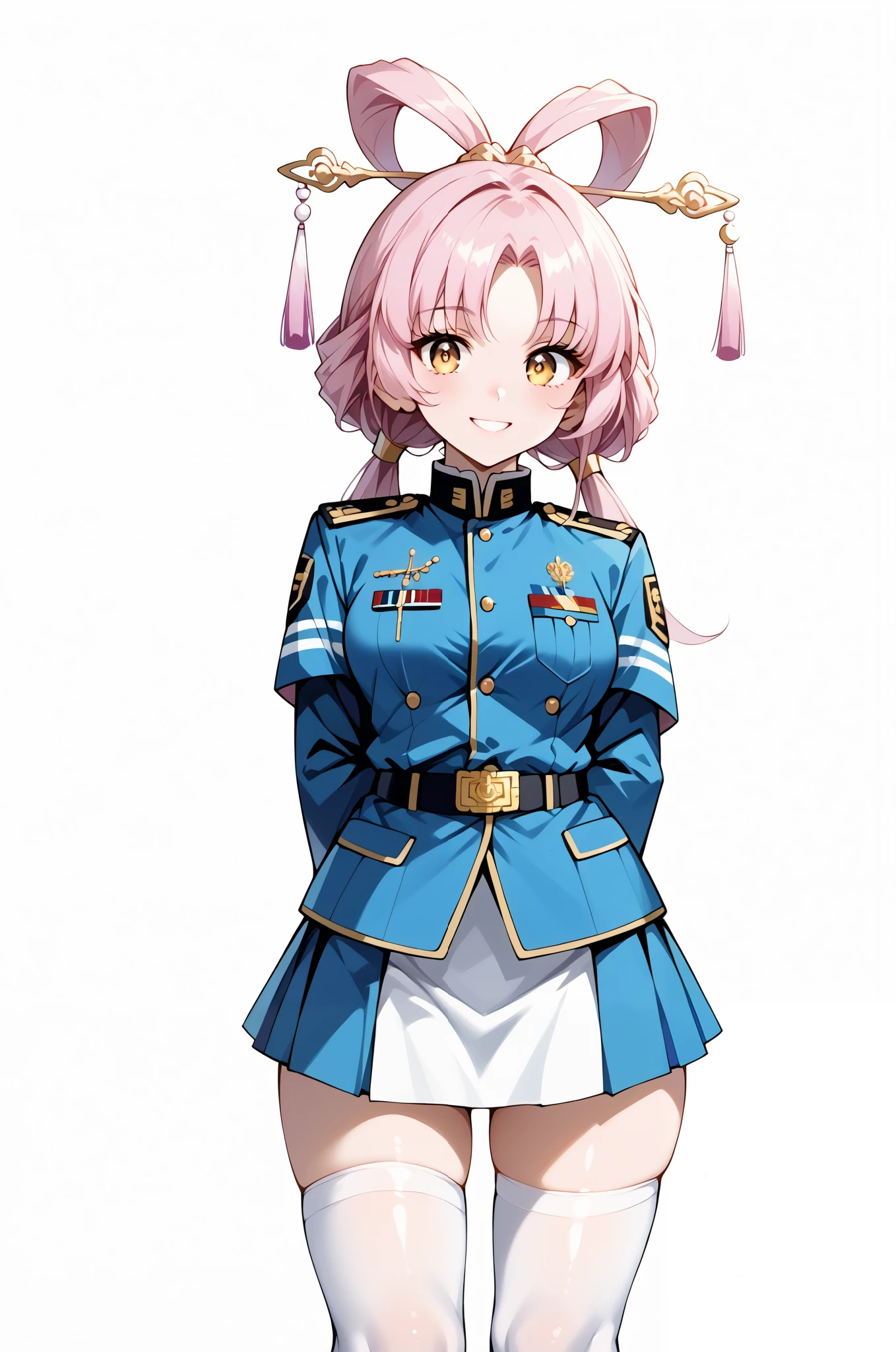 score_9, score_8_up, score_7_up, source_anime, 4K,perfect fingers,(perfect hands, perfect anatomy),prefect lighting, very aesthetic, intricate details,highly detailed background, masterpiece, high quality, best quality,
1girl,solo,fu xuan, pink hair, yellow eyes, bare shoulders, parted bangs, twin tails, bow-shaped hair, low twintails,Large Breast,
wearing ((blue jacket, blue skirt, jacket,military, military uniform,shirt, skirt, thighhighs, uniform, white shirt, )),,
((White plain background:1.5)) , looking at viewer, smile,((hands behind back:1.5)), (perfect hands, perfect anatomy),cowboy shot, filed, high thigh individual , fullbody,Stand up,((front look:1.5)),