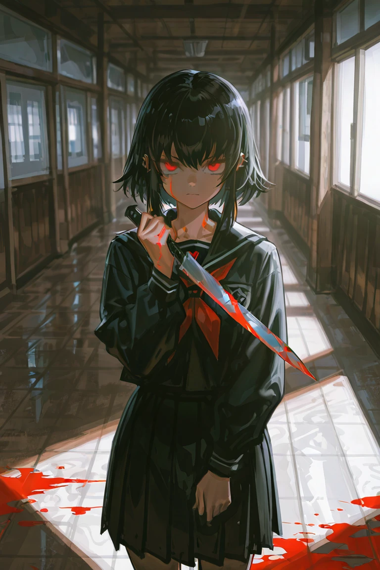 military girl, black hair and blue eyes, anime style, with blood, a sword, with an expression of hatred, surrounded by corpses of children