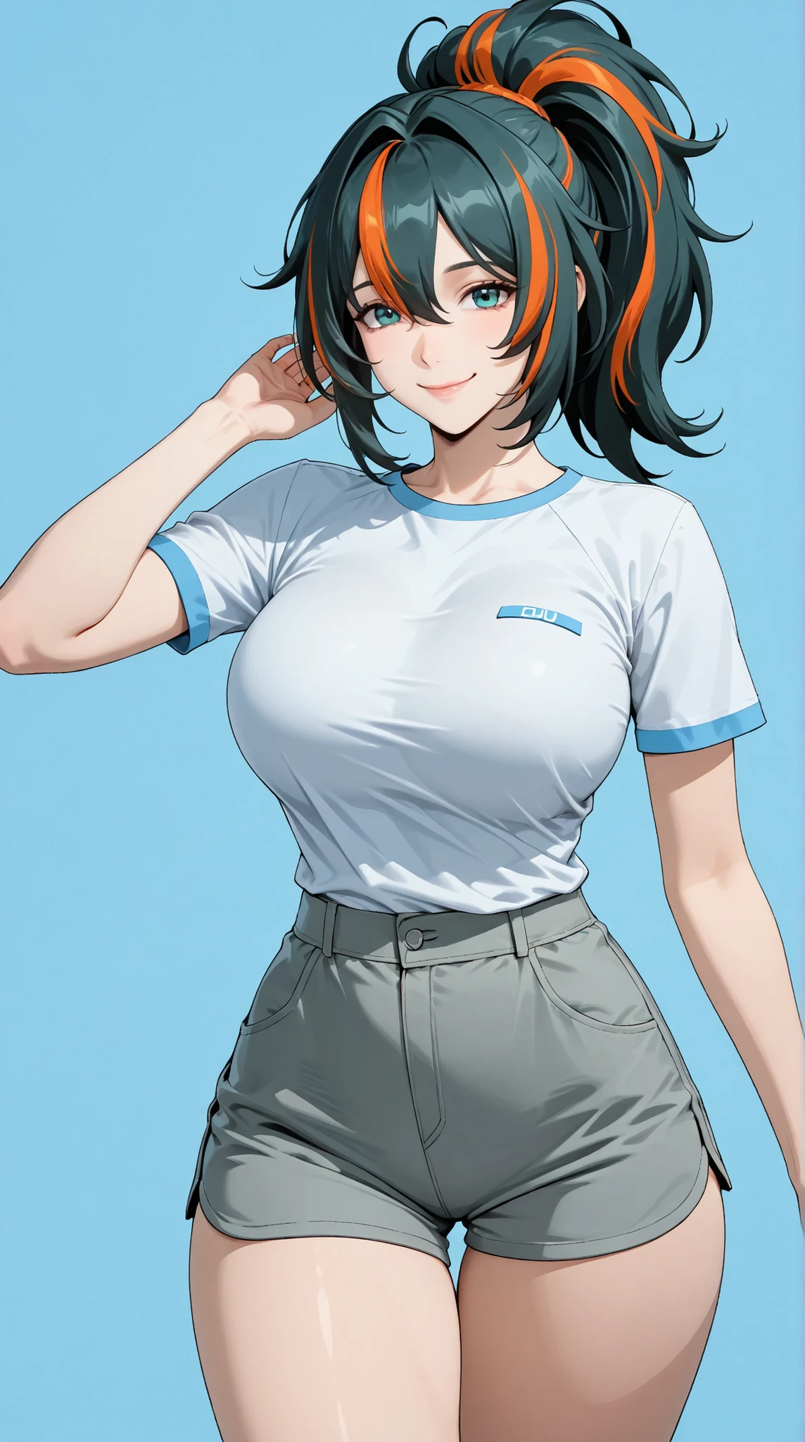zhu yuan,ponytail streaked hair,smile,beautiful,korean face,expressive,slim body, sexy legs,perfect body,large breasts,grey shorts, oversize white tshirt,soft light, high detailed, best quality, upper body,blue plain background ,blue background,looking at viewers
