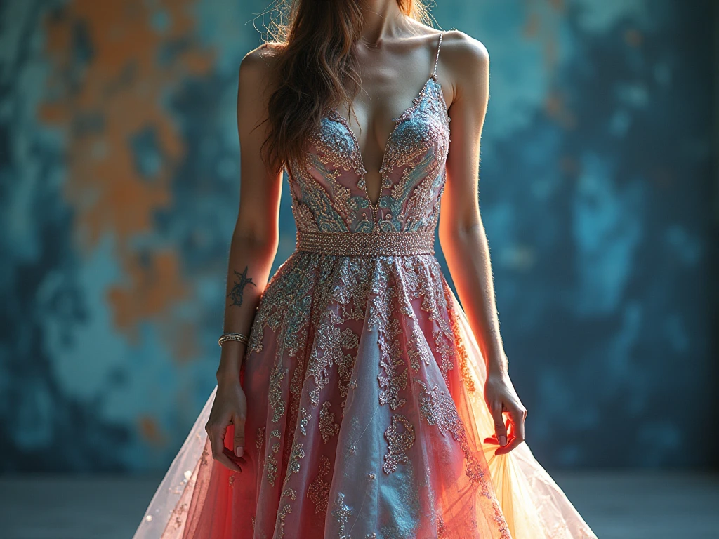 closeup shot, woman in a dress standing in front of a window, romanticism, in evening gown, flowing gown, wearing a flowing dress, mysterious woman, haunting beautiful young woman, wearing a pink flowing dress, flowing dress, woman in dress, extremely moody blue lighting,