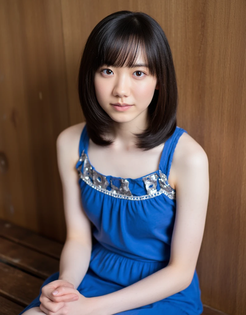 The image is a portrait of a young woman named Manachan sitting on a wooden bench. Snow-white skin. She is wearing a blue sleeveless dress with silver sequins on it. The dress has a scoop neckline and thin straps. Her hair is semi-long hair with bangs and is looking directly at the camera with a serious expression. The background is a wooden wall with a subtle texture. The lighting is soft and natural, highlighting the woman's features. The overall color of the image is bright and soft.
