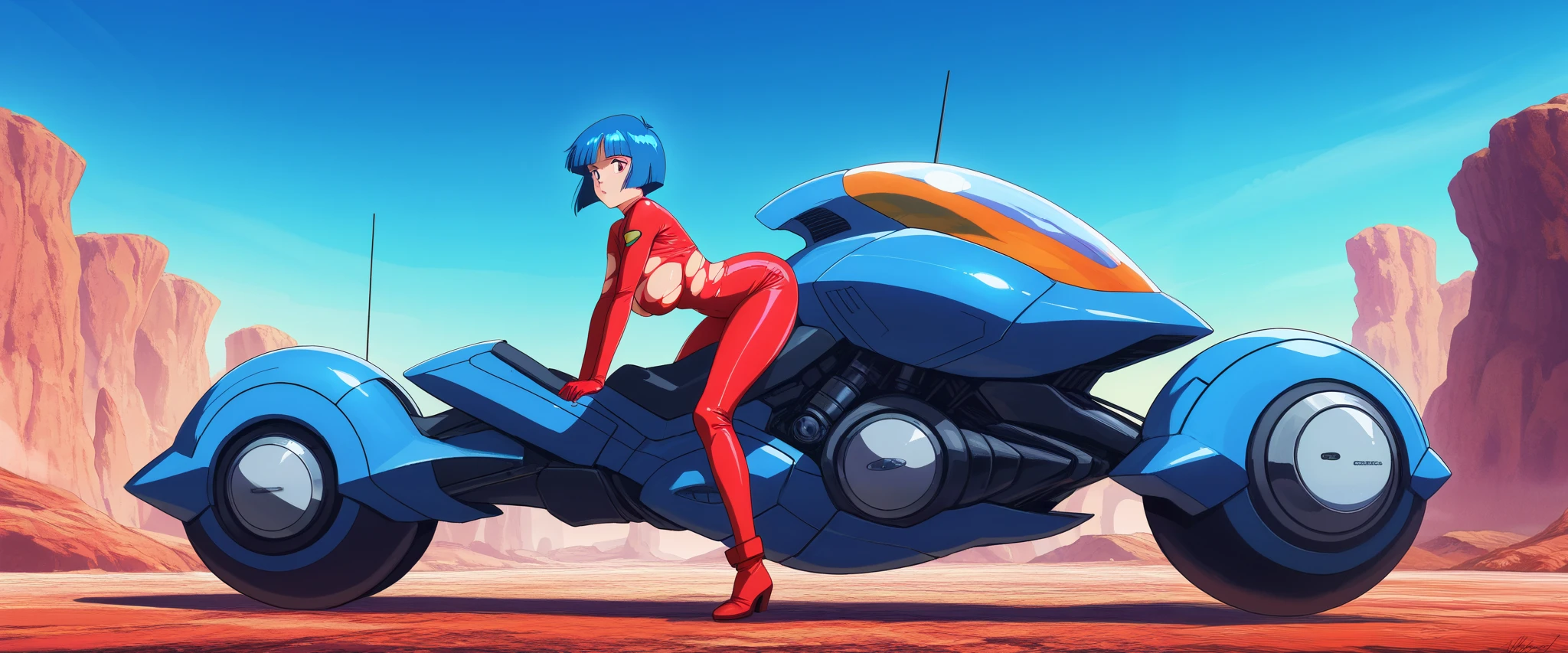 90's Anime, score_9, score_8_up, score_7_up, score_6_up, score_5_up, score_4_up, source_anime, Quality_masterpiece, Absurd res, Anatomically correct, Beautiful face, Perfect face, Beautiful girl riding a Advanced SCI-FI vehicle, wheelless, (hovering vehicle), vehicle focus, fully opened bodysuit, open sponsored jumpsuit, unzipped, big apart breasts, big breasts, DETAILED, mixed_artwork style, long blunt bangs, blue hair, ((cut-out top, ripped top)), Anime illustration, stylized, pulp art, beautiful composition, busty, colorful, (perky) tits, high res, juicy tits, glossy lips, (saturated colors), (highres), wide view, cinematic 8k, UHD, ((Inclined forward)), sci-fi, adventure, fantasy,