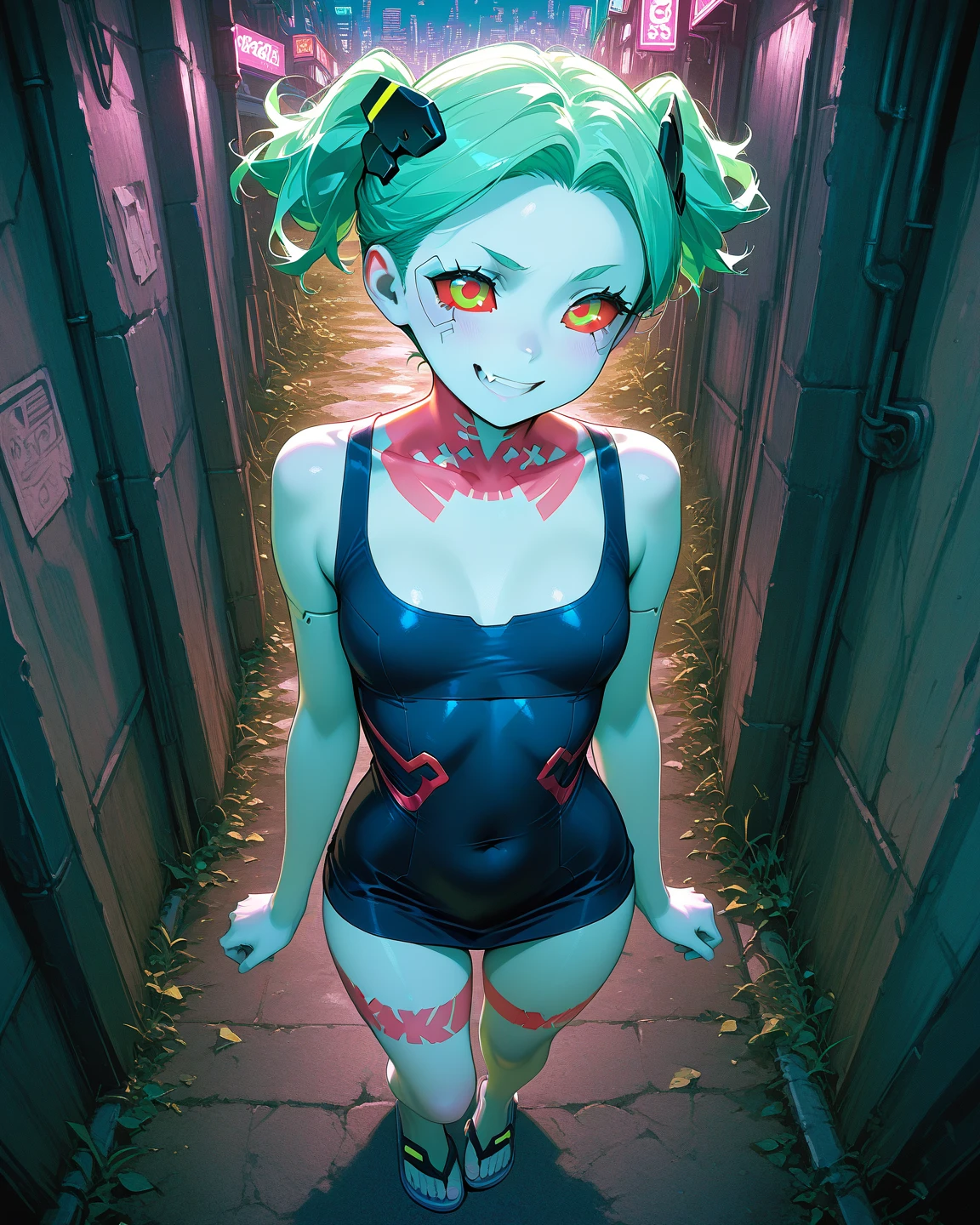 ((work of art,ultra-detailded, details Intricate, best qualityer,illustration)),1 girl, standing alone, high resolution, yellow eyes, hair green, shorth hair, , pantless, breasts small, Skinny, detailded, swirly vibrant colors, hight contrast, dynamic lighting, lifelike textures, illustration aesthetic, fuu (Fuu)