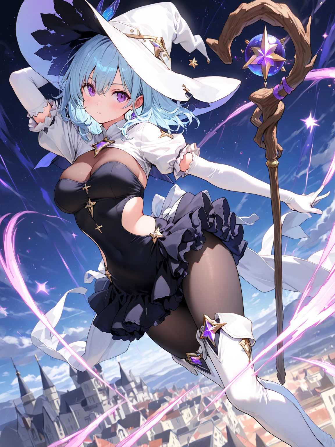 (((1girl))), ((best quality)), ((masterpiece)), ((ultra-detailed)), (illustration), (detailed light), (an extremely delicate and beautiful), (beautiful detailed eyes), (sunlight), ((extremely light)), ((extremely clothes)), (((hyper detail))),(((((front lighting))))),(((((front light))))),
((((quite adorable magical dress with brief pleated skirt magical hat)))),
, (((Sorcerer))),
(((high twin pig tails))), ((((white silver hair)))),
(((yellow gold eyes))),
((((whole body)))), aged 5 to 8, ((((())))), (((((quite adorable young girl))))),
(((condescending expression))), (mischievous smile with sexual satisfaction), (((extra adorable))), (((extra slender shape))),
(((extremely beautiful detailed face))),
((elegant magic gloves)),
((elegant magic boots)),
(((bravely and dynamically attacking enemies with a Magic of Vast Ice Balls))), ((Dutch angle)), (((magical panties))), ((((rear view)))),
(((()))),
(((extremely thin thighagical stockings)))