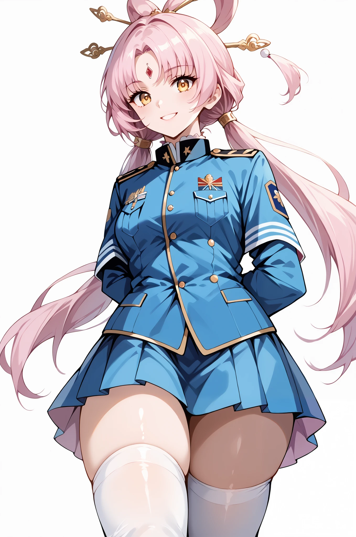 score_9, score_8_up, score_7_up, source_anime, 4K,perfect fingers,(perfect hands, perfect anatomy),prefect lighting, very aesthetic, intricate details,highly detailed background, masterpiece, high quality, best quality,
1girl,solo,fu xuan, pink hair, yellow eyes, shoulders, parted bangs, twin tails, bow-shaped hair, low twintails,Large ,
wearing ((blue jacket, blue skirt, jacket,military, military uniform,shirt, skirt, thighhighs, uniform, white shirt, white thighhighs, )),,
((White plain background:1.5)) , looking at viewer, smile,((hands behind back:1.5)), (perfect hands, perfect anatomy),cowboy shot, filed, high thigh individual , fullbody,Stand up,((front look:1.5)),