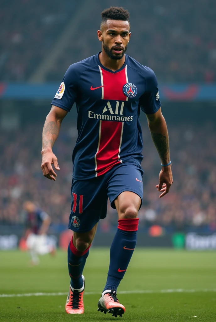 photorealistic, 8k, hyperrealistic, a Kylian Mbappe wear PSG jersey, number 10, celebrating his goal, in stadium, arm crossed pose, highly detailed face, intense expression, full body in frame, dramatic lighting, cinematic composition, chiaroscuro, dramatic shadows, photographic realism