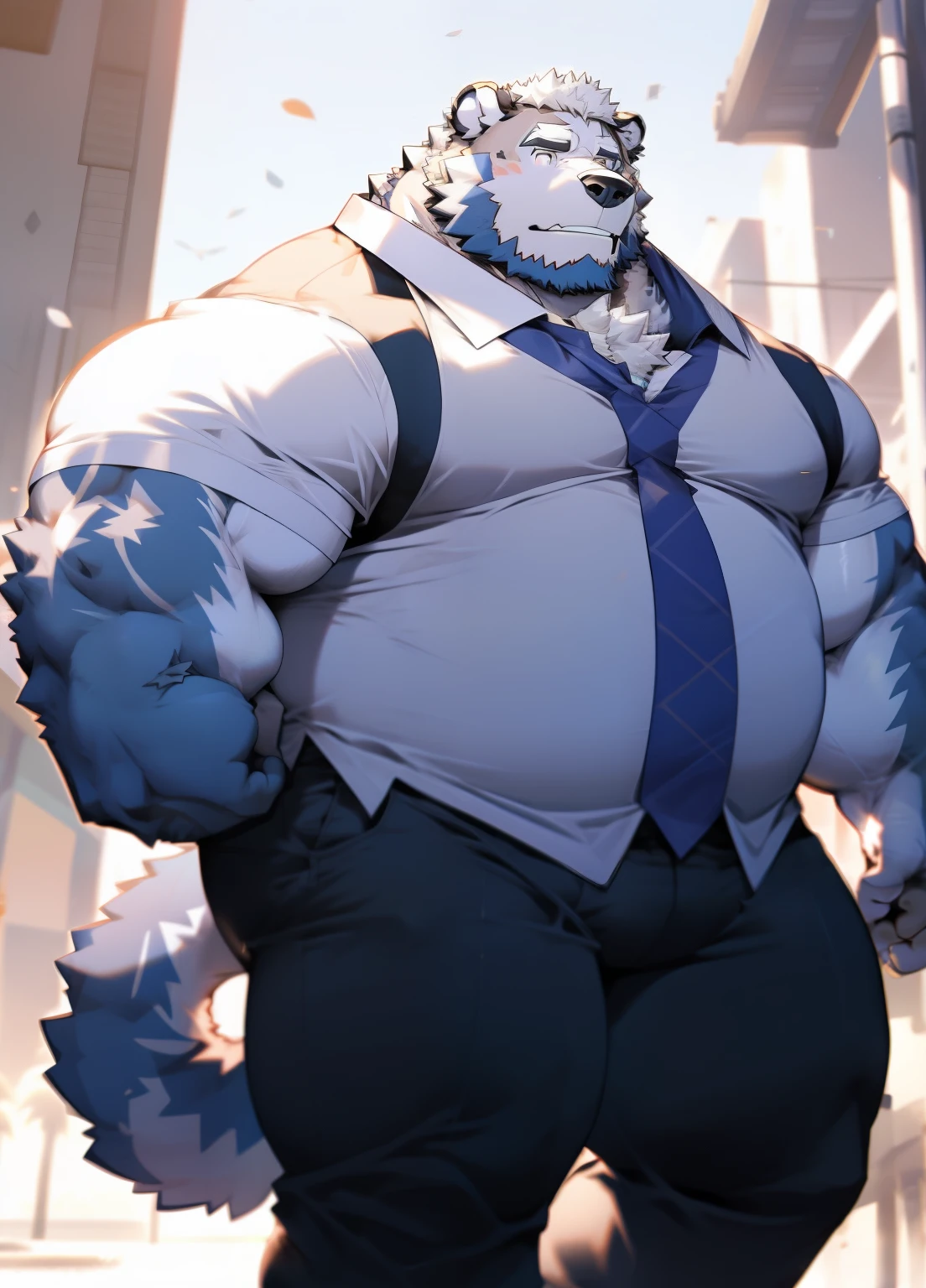 (masterpiece),(Very detailed),(best quality),hairy,polar bear,(((white fur:1.5))),light blue pupils,black beard,Lipid muscle,Black-rimmed glasses,(police hat:1.2),((tie:1.4)),(((topless:1.5))),(((White briefs:1.5))),(blush shy:1.1),(Worn white socks:1.8)(in the bedroom,Fallen leaves drifting in from the window,floor,躺在floor上),(Very detailed),8k,(super high quality)((No tattoos:1.4))