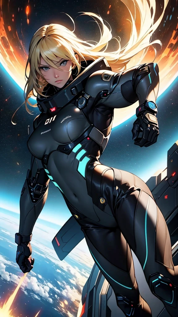 rear view, backside view, turning away, sandy hair, eyes are blue, fit body large breasts slender thighs slender waist pilot suit solo looking away from viewer, in space, long hair, blushing, determination, 8k, extreme detail,