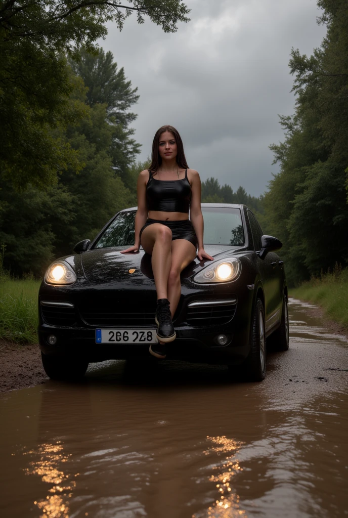 Photo d’une femme d’origine latine, having big tits sitting on the hood of an RS6